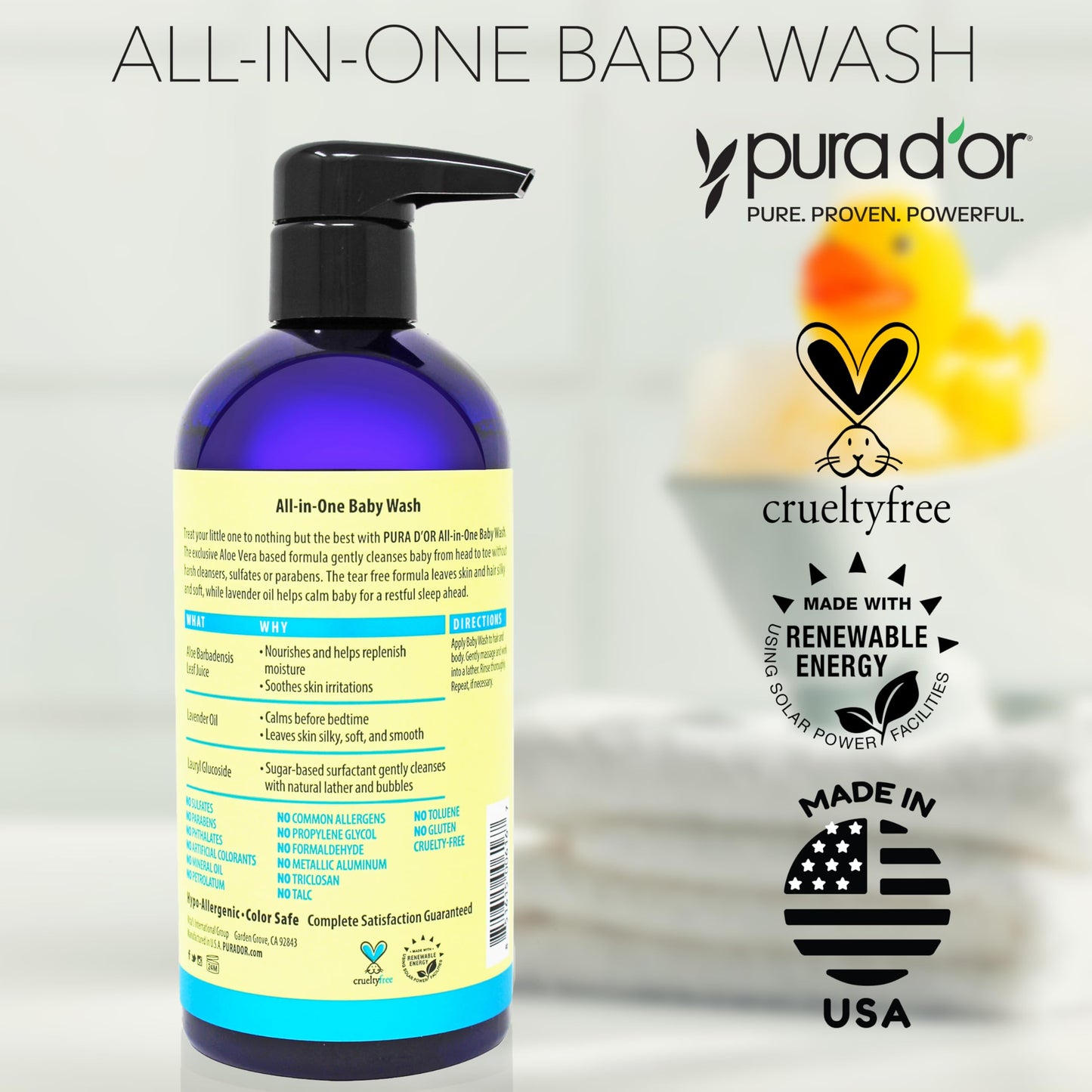 PURA D'OR 16 Oz All-in-One Calming Baby Wash & Shampoo - Tear-Free, Sulfate-Free, Aloe Vera