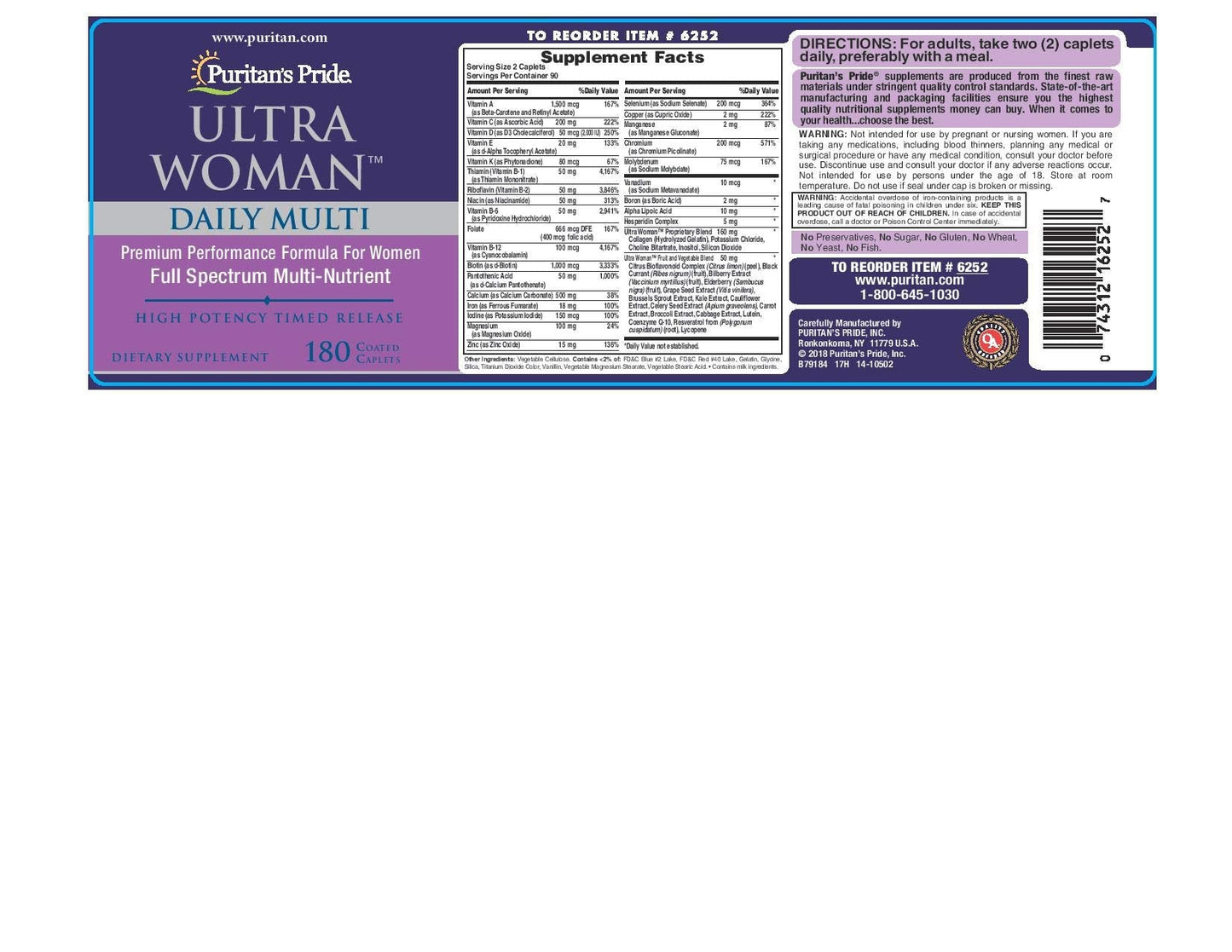 Puritan's Pride Ultra Women Multivitamin Timed Release Caplets 180 Count (Discontinued)