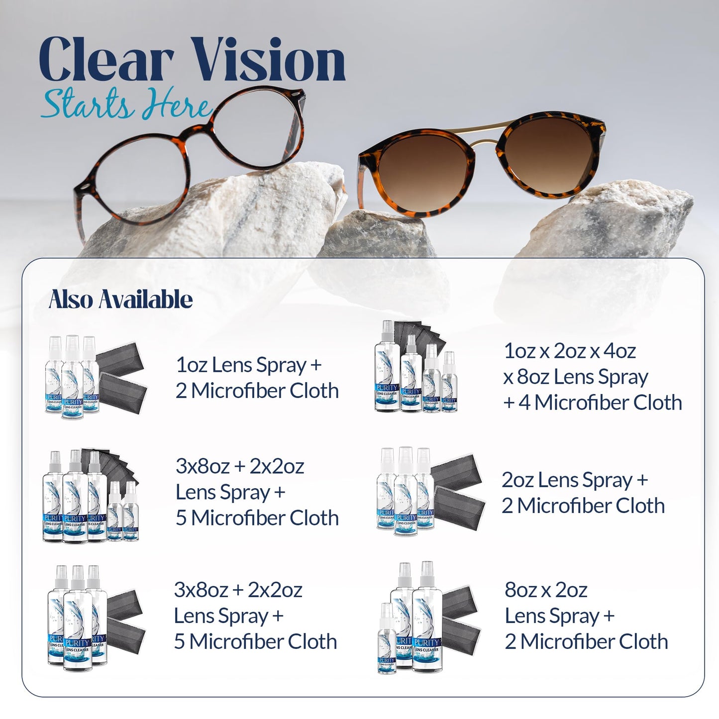 Purity Eyeglass Cleaner Mega Pack - Multi-Size Kit (2x2oz + 3x8oz) + 5 Cloths