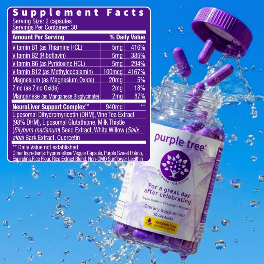 Purple Tree Post-Celebration Wellness Supplement | Liposomal DHM, Glutathione & Milk Thistle for Liver Support | 60 Capsules
