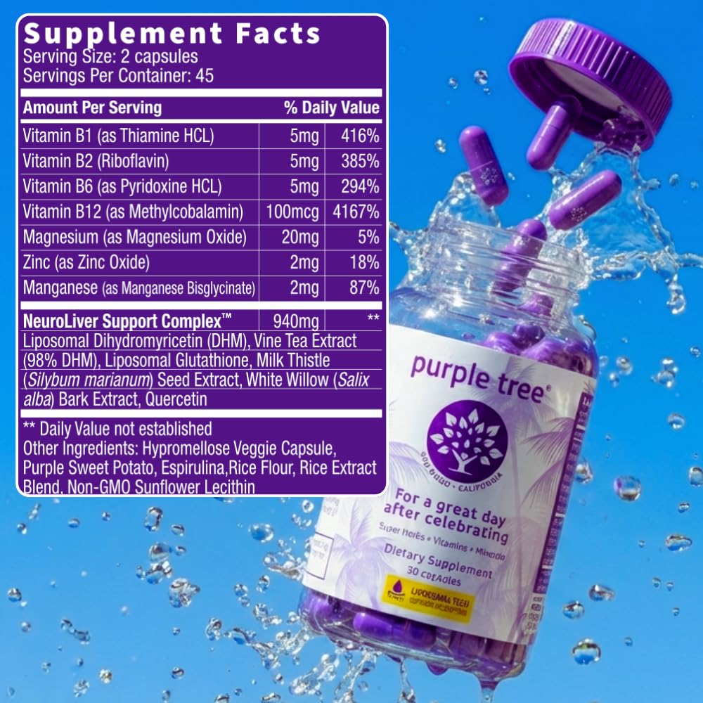 Purple Tree Post-Celebration Wellness Supplement | Liposomal DHM & Glutathione | 90 Pills