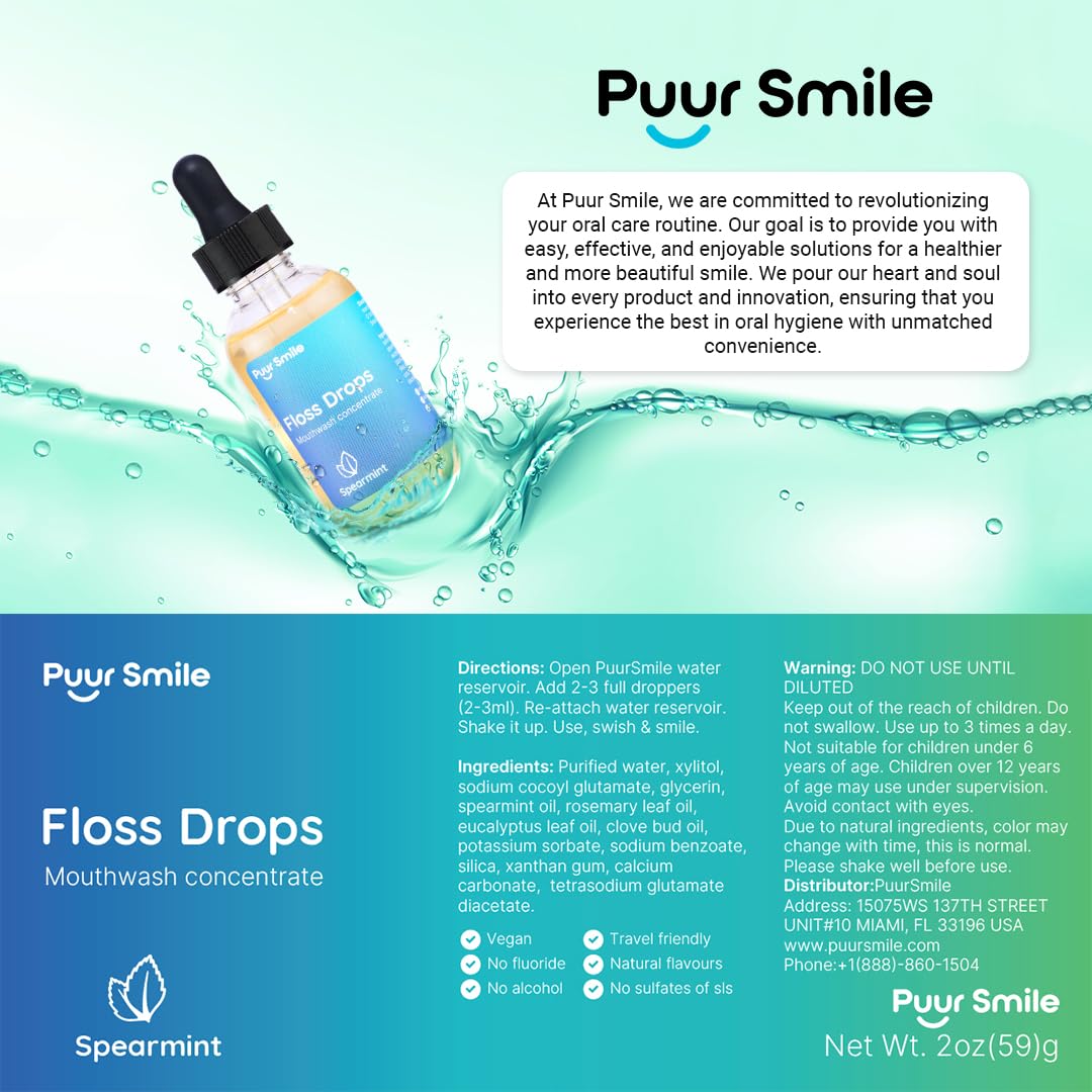 Puur Smile Floss Drop Serum – 2oz Concentrated Mouthwash for Water Flosser | Spearmint & Oral Health