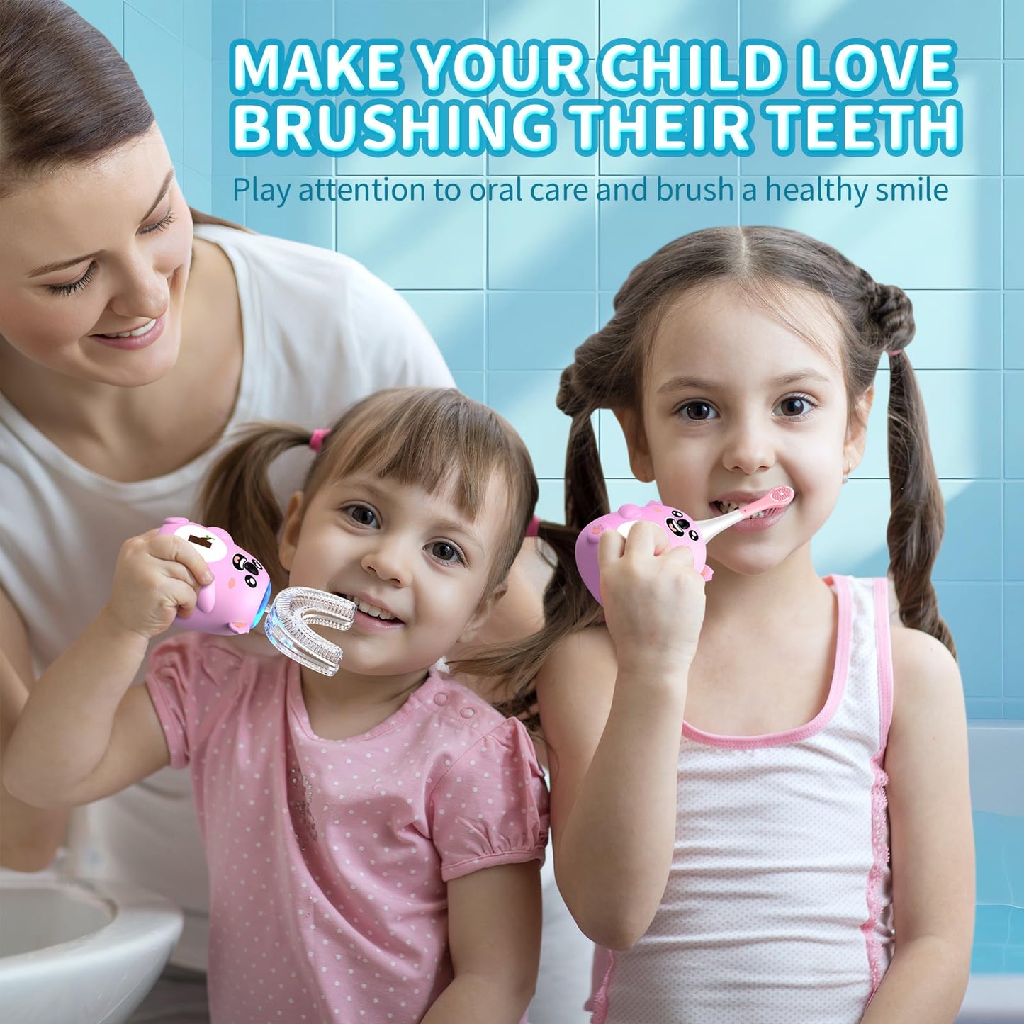 QDCYP Kids U-Shaped Electric Toothbrush (6-12) – 360° Sonic Cleaning, 6 Modes, 4 Heads, Koala Pink