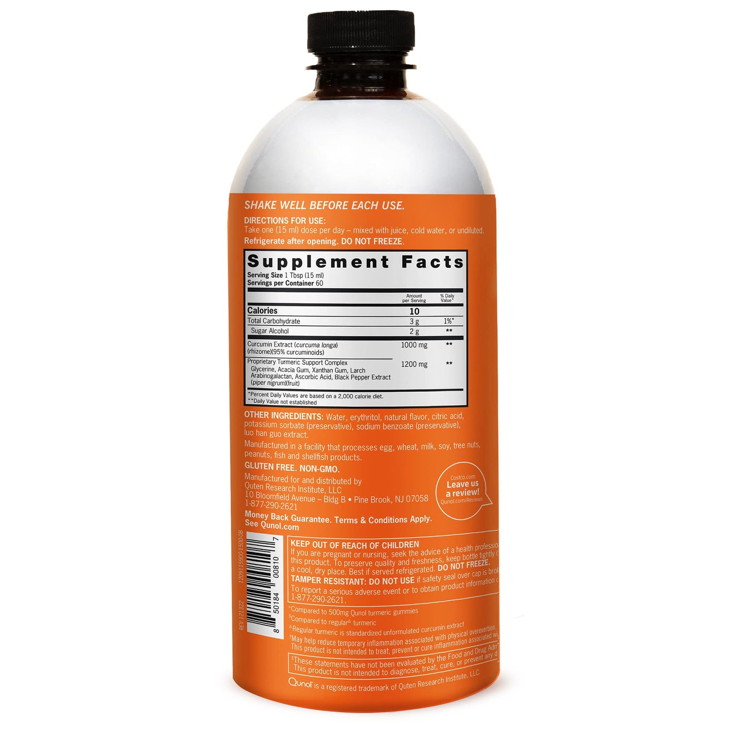 Qunol Liquid Turmeric Curcumin 1000mg + Black Pepper — 60 Servings (30.4 fl oz)