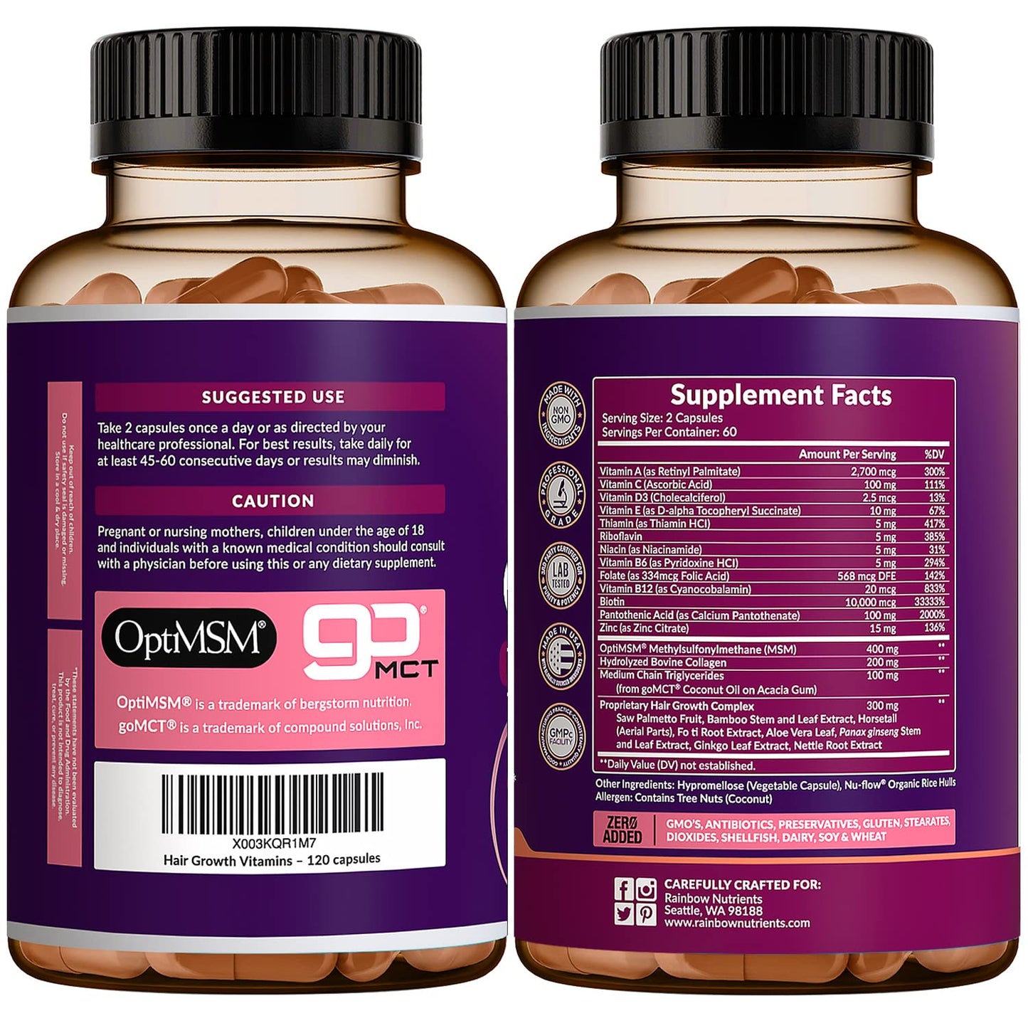Rainbow Nutrients Hair Growth Vitamins for Women – 2 Pack with Biotin 10,000 mcg, Collagen, OptiMSM, Saw Palmetto