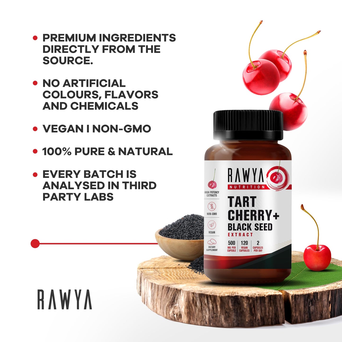 RAWYA Tart Cherry & Black Seed Oil – 500mg Capsules | Gluten Free 120 Count