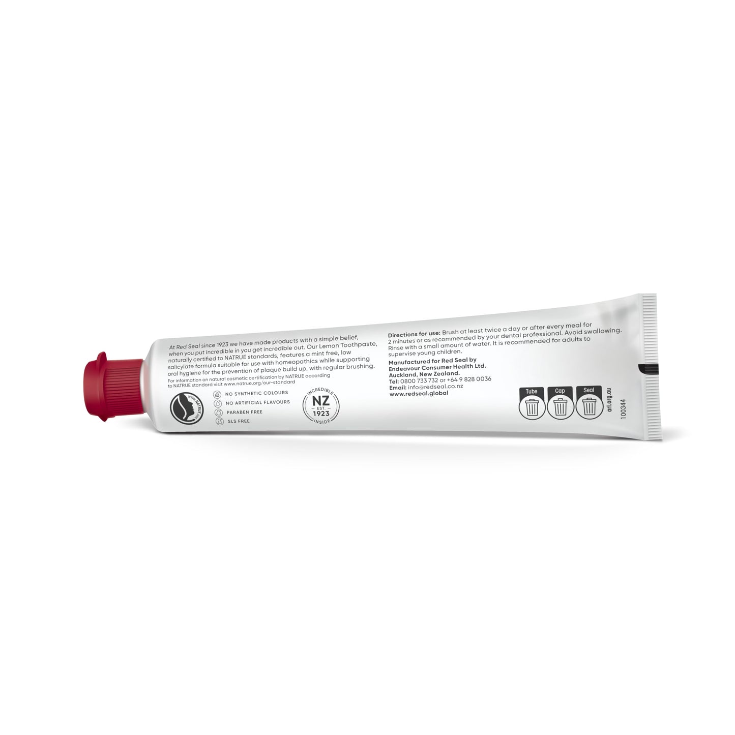 Red Seal Fluoride Free Lemon Toothpaste - Mint-Free Citrus Flavor | Vegan, Cruelty-Free, SLS Free, NATRUE Certified, 3.53 oz