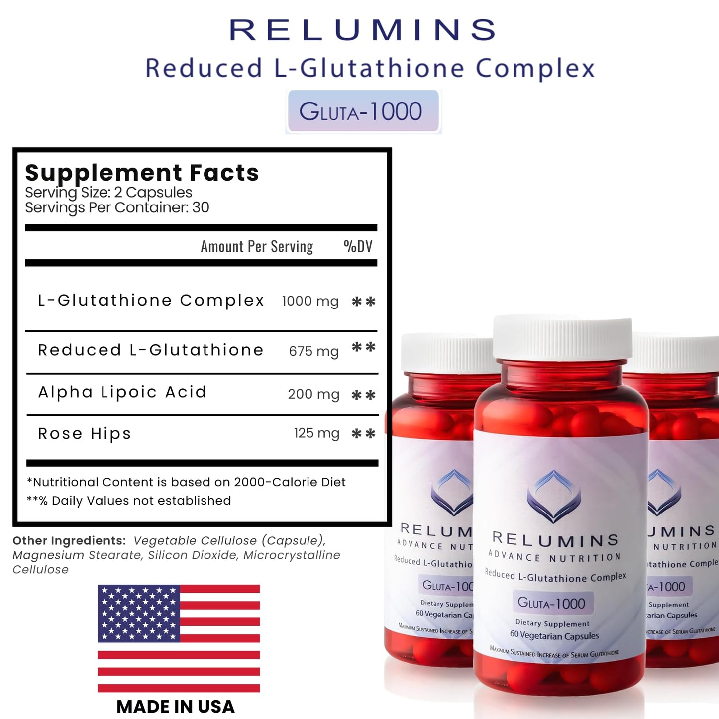 Relumins L-Glutathione 1000mg Complex with Alpha Lipoic Acid – 60 Caps x 3 Bottles