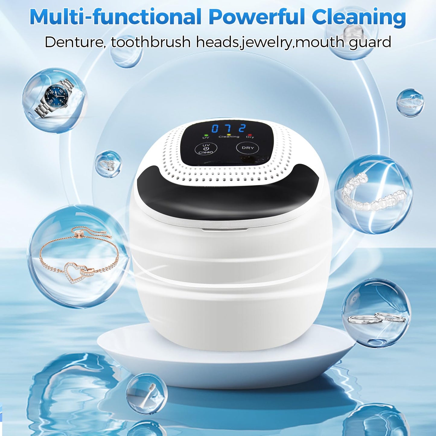 Retainer Cleaner 45kHz Ultrasonic – Dentures, Aligners, Jewelry, Portable (6 Modes)