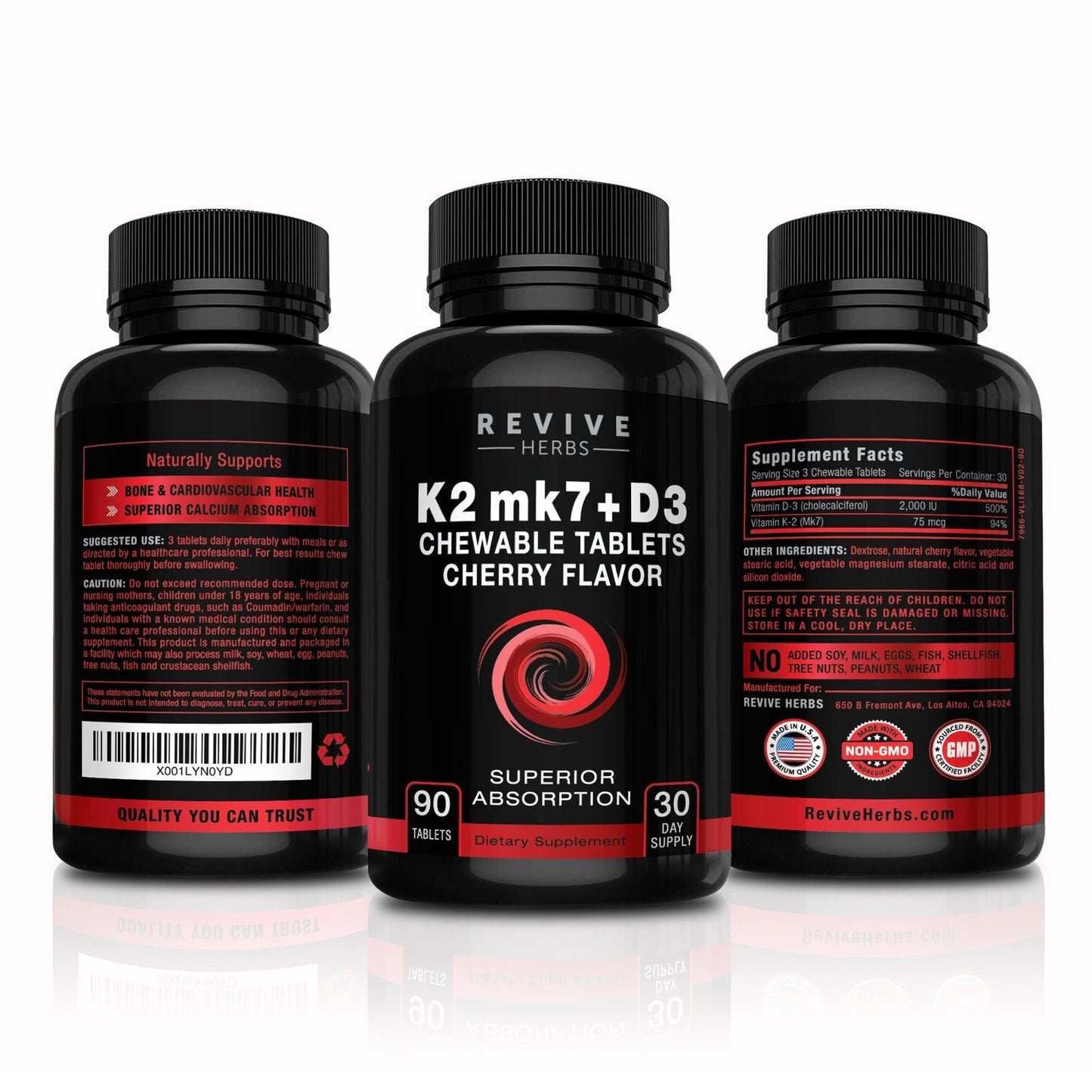 Revive Herbs Vitamin K2 D3 Cherry Chewables – MK7 75 mcg + D3 2000 IU for Bone & Heart Health | 90-Count