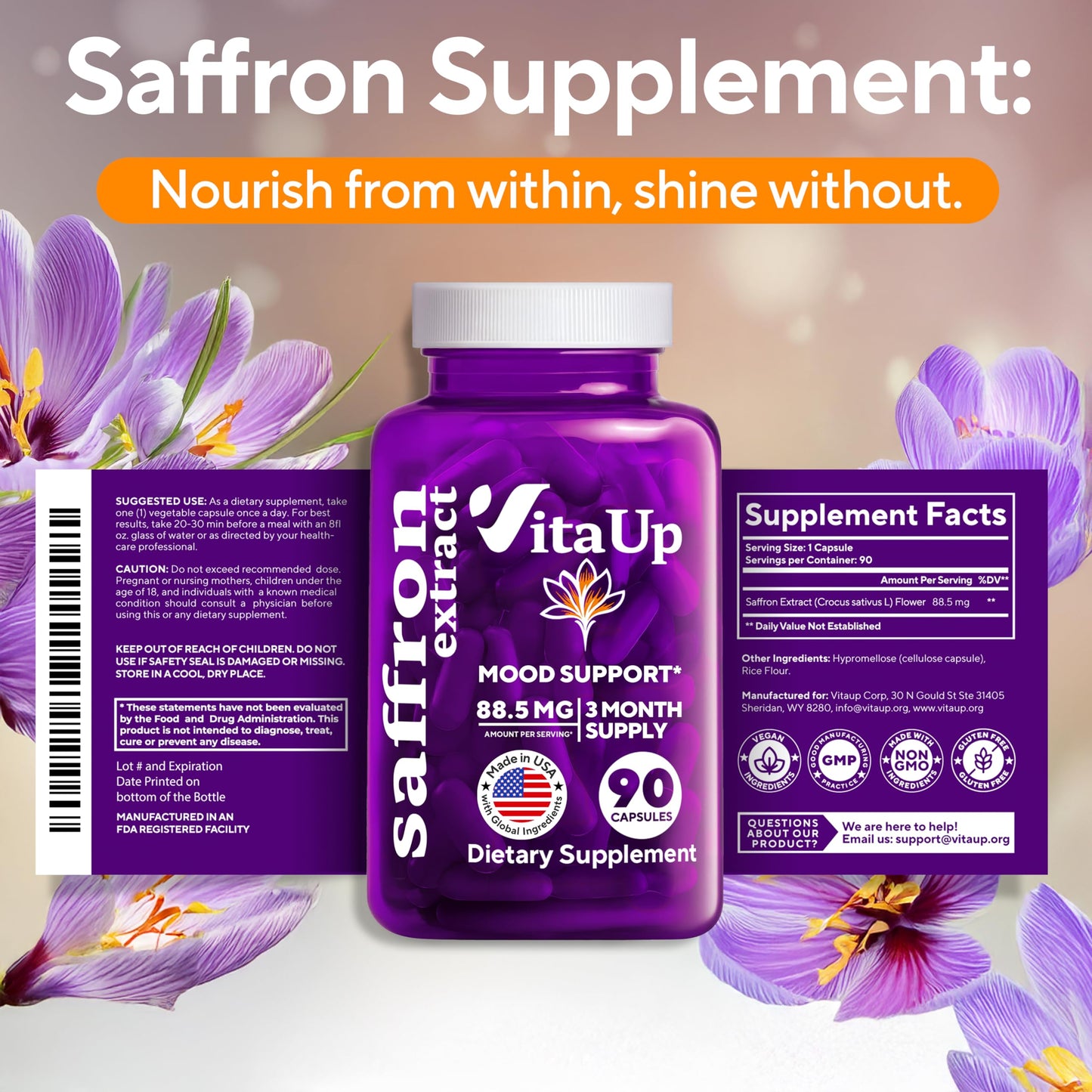 VitaUp Saffron Supplements – USA Made Saffron Extract 88.5 mg – Non-GMO, 90 Vegan Capsules | Mood, Energy & Cognitive Support