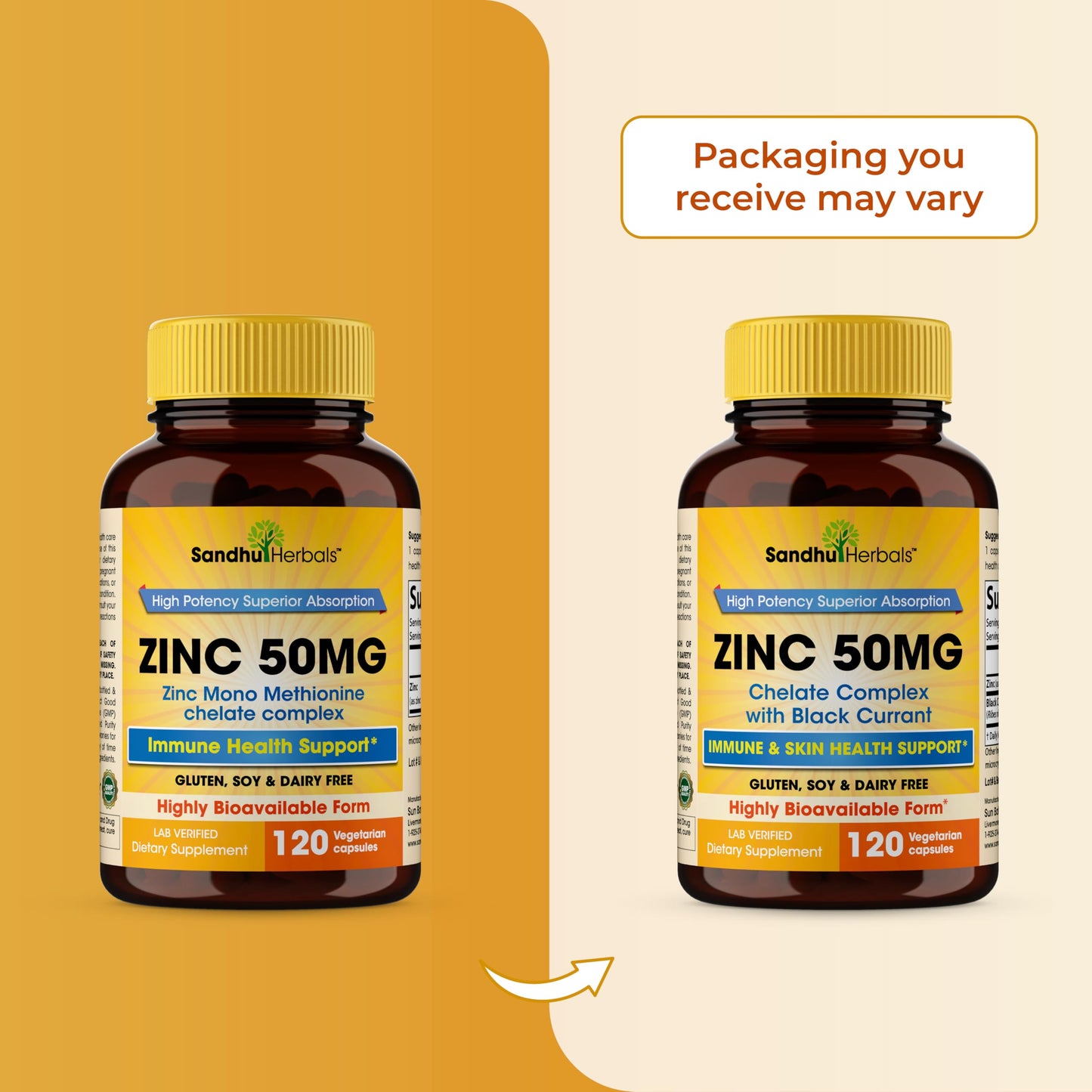 SANDHUHERBALS Zinc Supplements with Black Currant for Men and Women | Zinc 50mg 120 Vegetarian Capsules (Pack of 2) | Highly Absorbable for Immune Support | Zink 50 mg Supplement Supports Skin Health