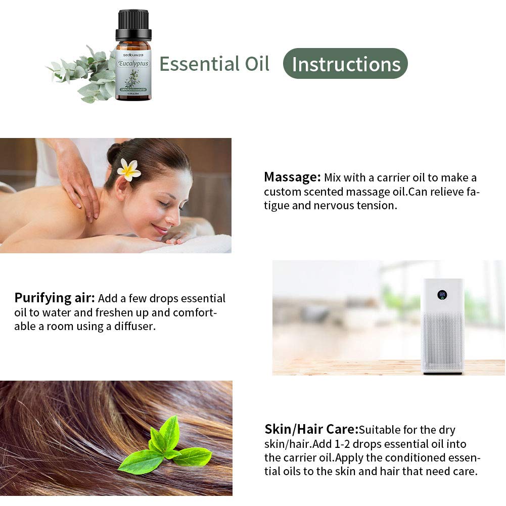 Sedbuwza Peppermint & Eucalyptus Essential Oil Set – 2 x 10 ml for Diffuser, Aromatherapy, Massage