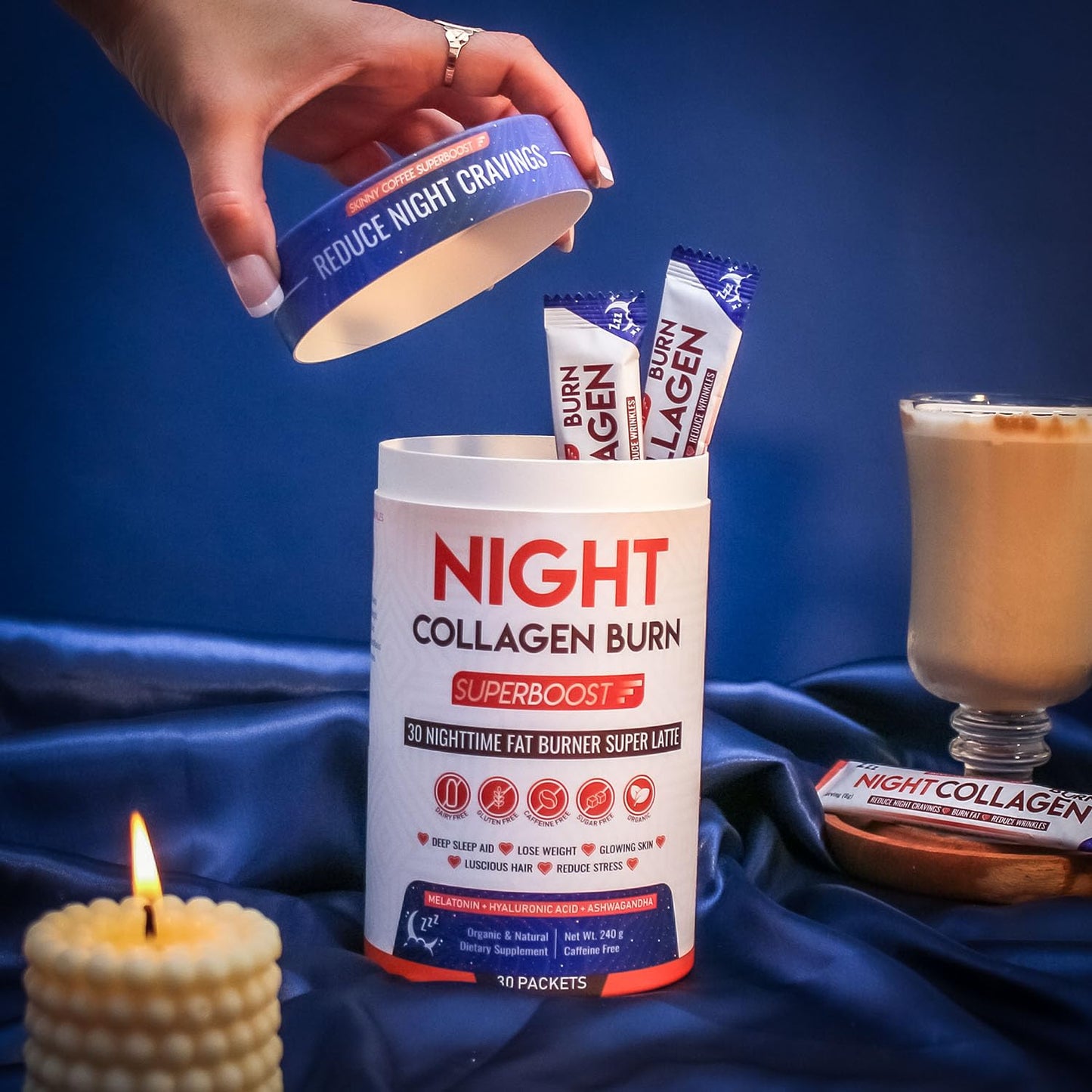 Night Collagen Burn by Skinny Coffee SuperBoost | Sleep Support, Metabolism & Cravings Control | 60 Servings
