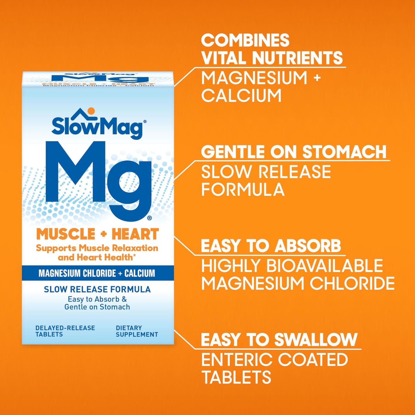 SlowMag Muscle + Heart Magnesium Chloride with Calcium – Supports Muscle Relaxation & Heart Health (60 Count)