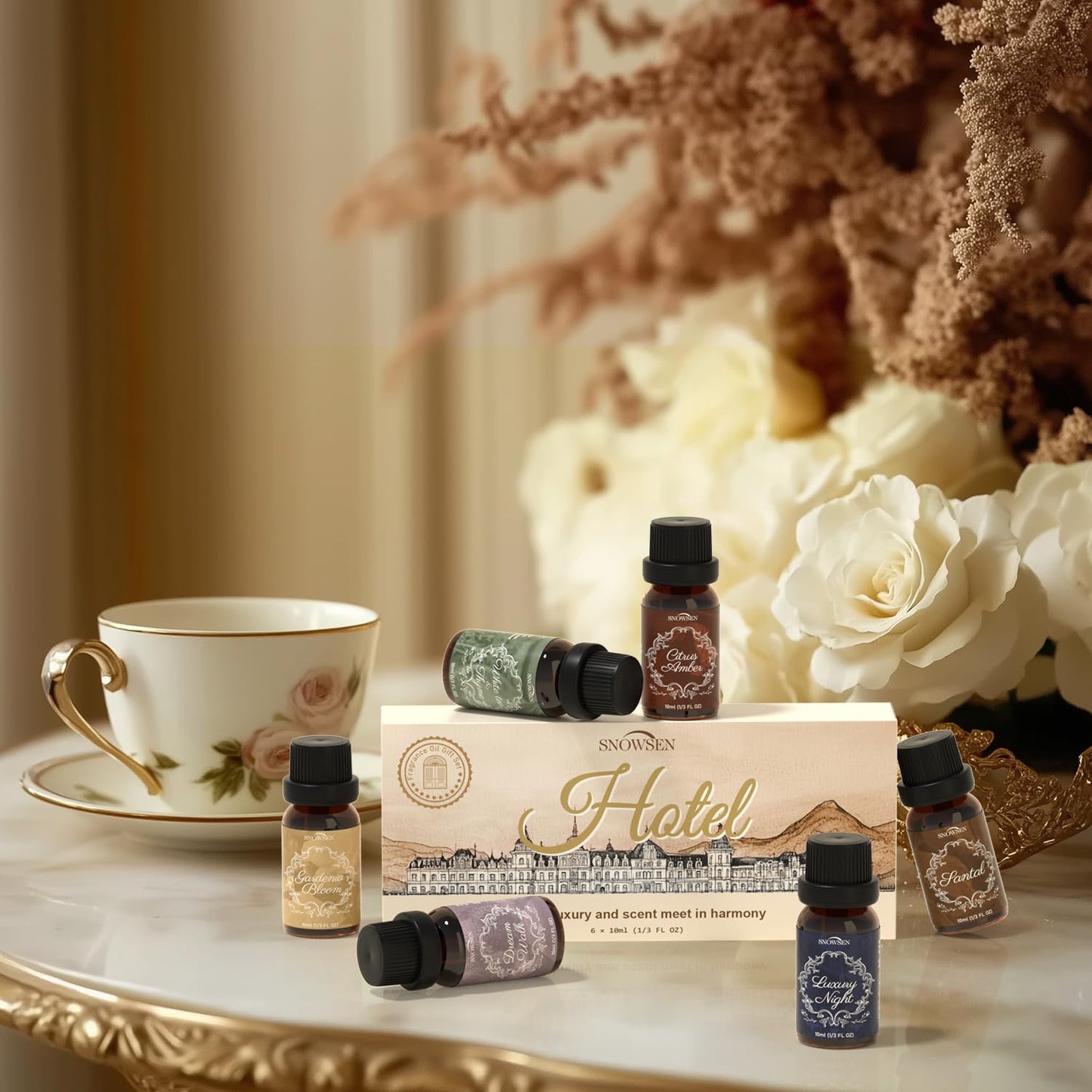 SNOWSEN Fragrance Oils Hotel Set – Santal, Luxury Night, White Tea & Thyme, Gardenia Bloom, Dream Walk, Citrus Amber – Diffuser, Candle & Soap Making