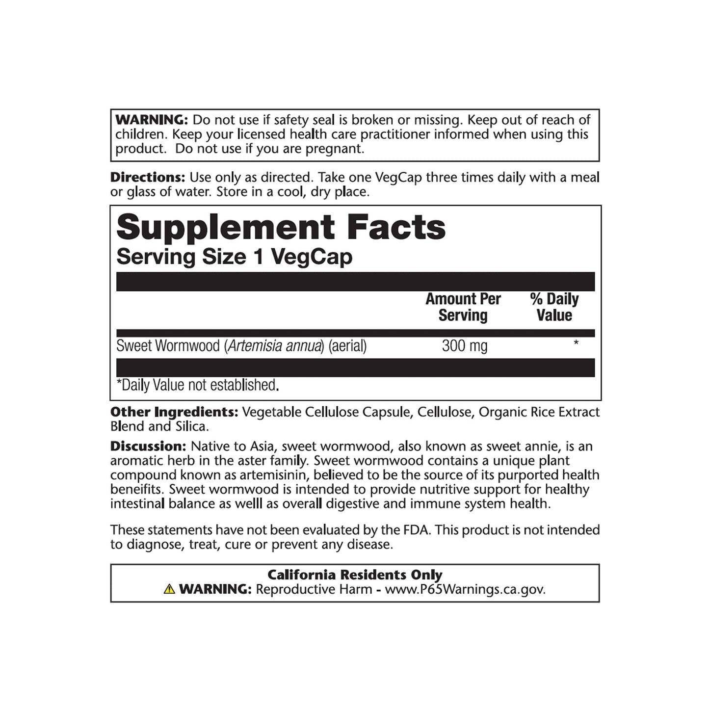 SOLARAY Sweet Wormwood Aerial Veg Cap 300mg 100ct
