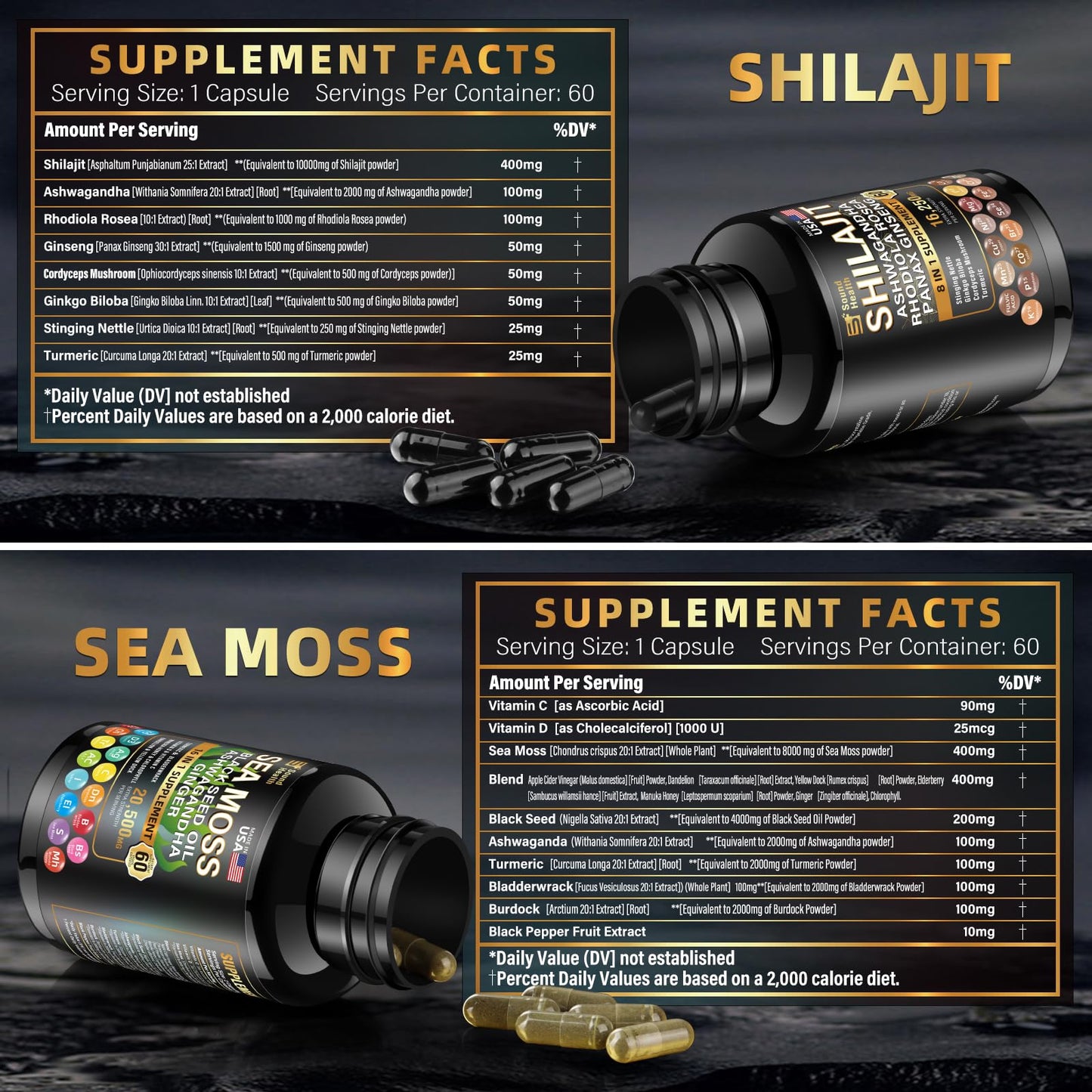 SoundHealth Wild Organic Irish Sea Moss & Shilajit – 2 Bottles, 60 Capsules