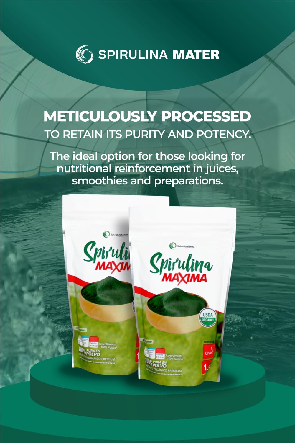 SpirulinaMater Spirulina Powder – USDA Organic, Atacama Desert | Energizing, Nutrient-Dense, Digestive Wellness – 1 lb