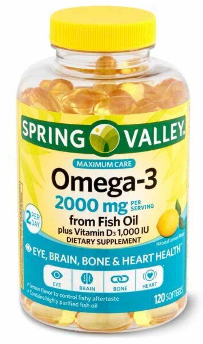 Spring Valley Omega-3 Fish Oil 2000 mg – Lemon, Eye, Brain & Heart Health | 180 Softgels (Pack of 2)