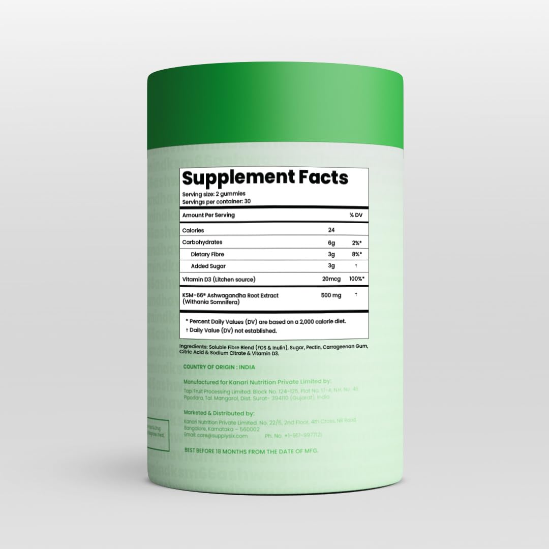 SUPPLY6 KSM-66 Ashwagandha + Vitamin D Gummies - 60 Count, Mixed Berry | Vegan