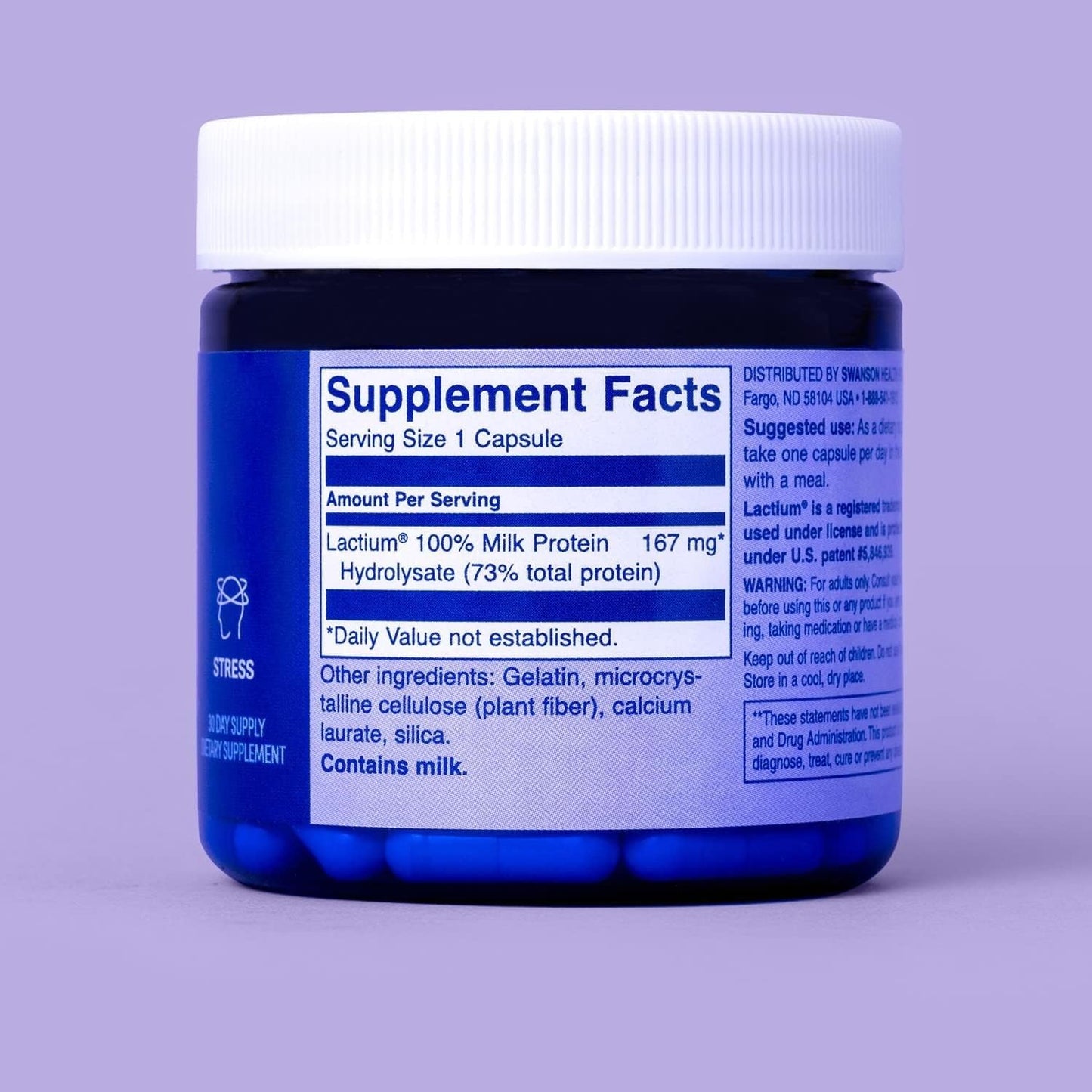 Swanson WIO Daily dose of DE-Stress Stress Support, Relaxation, Feel Calmer, Rest Better, Less Stress, Lactium Milk Protein Peptide, Adaptogen, Wellness, 30 Capsules (30-Day Supply)