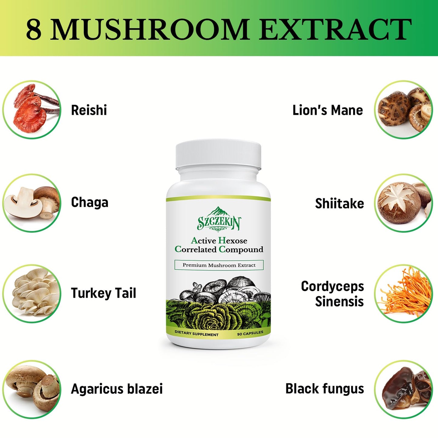 SZCZEKIN Active Hexose Correlated Compound 1500 mg - 8 Mushroom Extract Immune Support, 90 Vegan Capsules