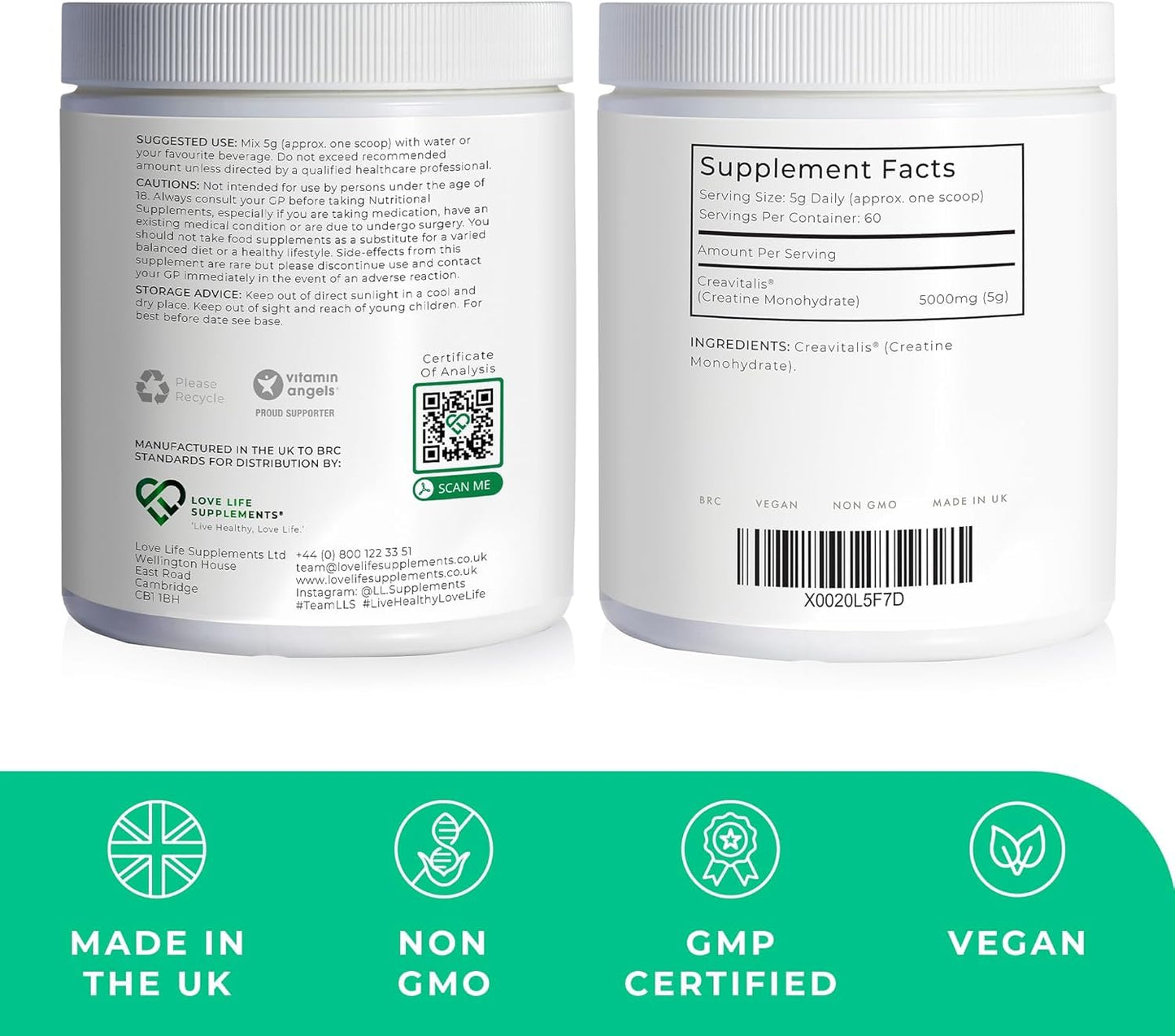 Creapure Creatine Monohydrate Powder 300g – 60 Servings (Vegan)
