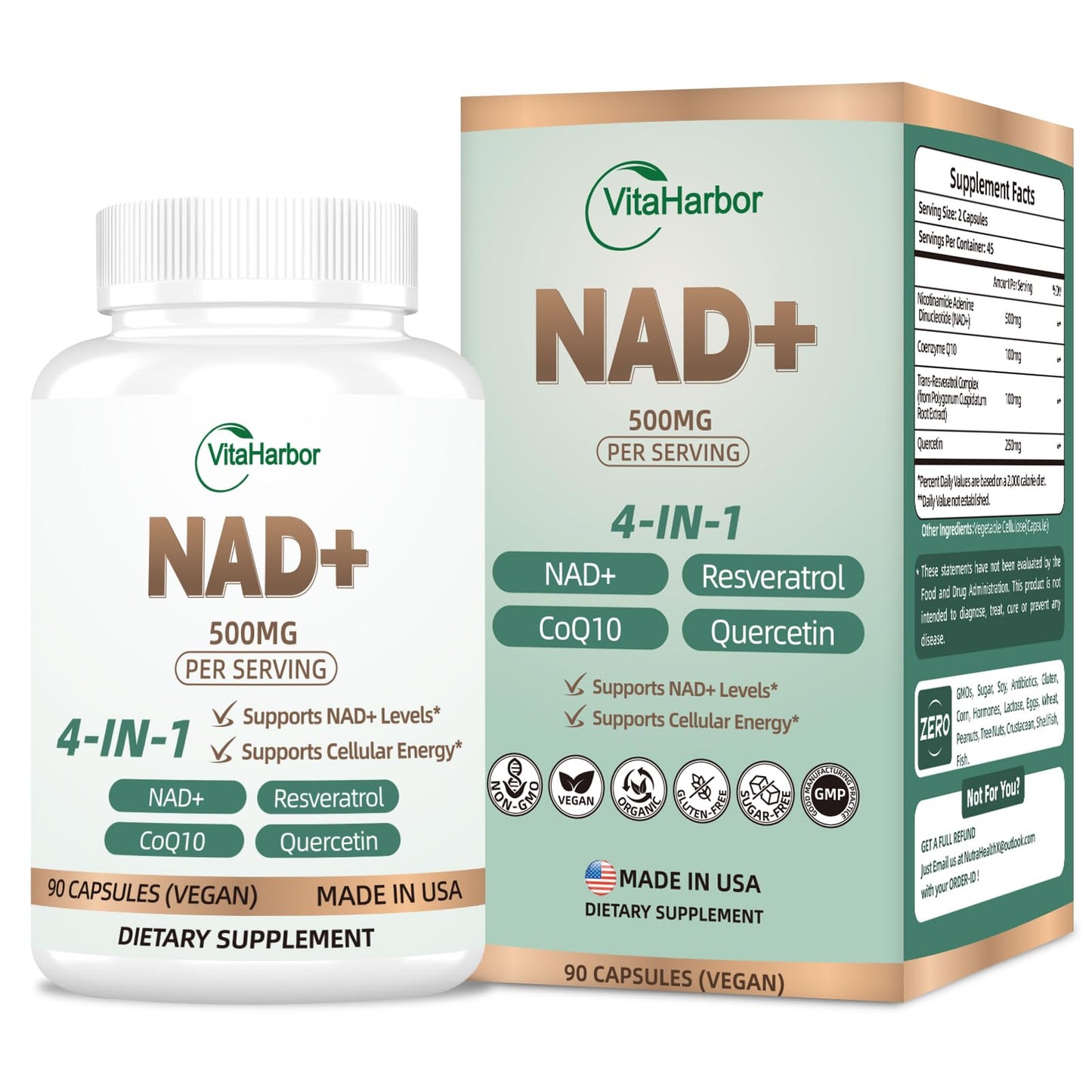 NAD Supplement 500mg - Pure Organic NAD+ for Women & Men | Trans-Resveratrol, CoQ10 & Quercetin