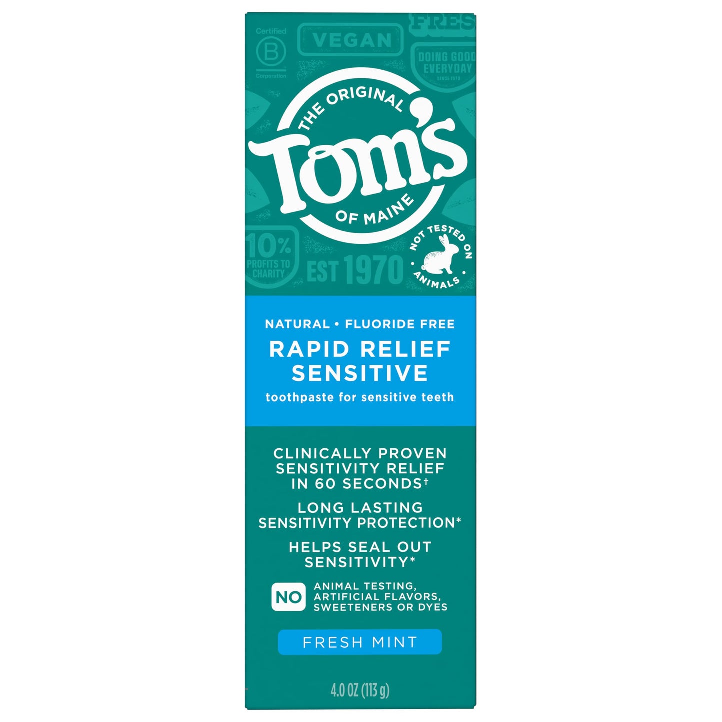 Tom's of Maine Fluoride-Free Rapid Relief Sensitive Toothpaste – Fresh Mint, 4 oz