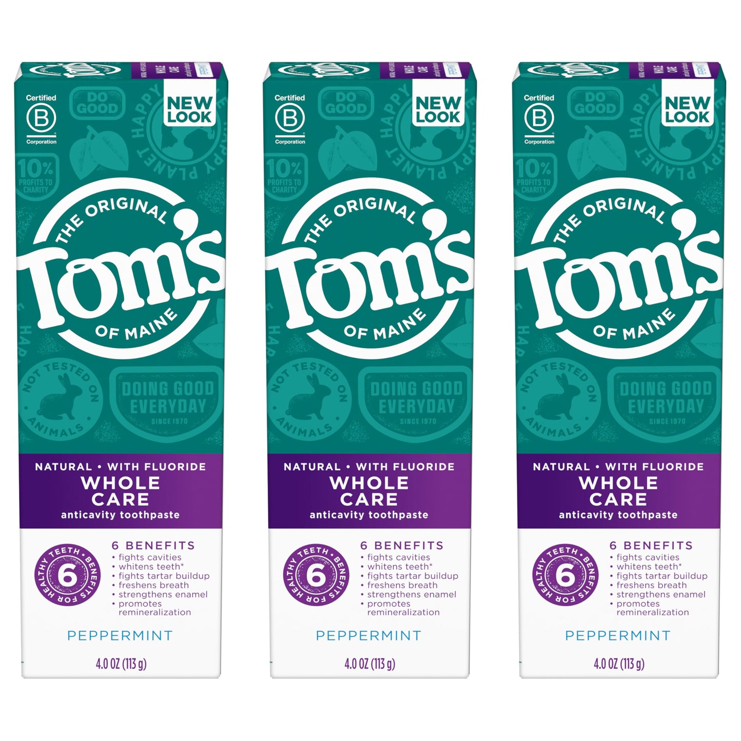 Tom's of Maine Whole Care Natural Fluoride Toothpaste – Peppermint, 4 oz, 3-Pack (Packaging May Vary)