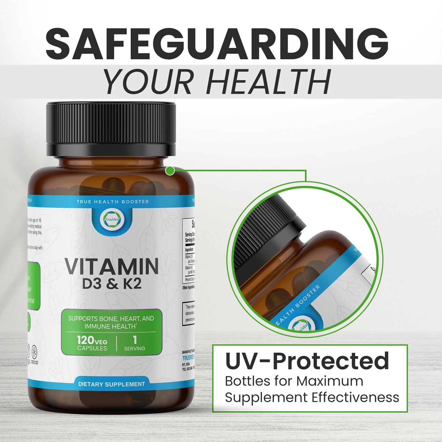 TRUEMED Vitamin D3 & K2 Supplement – 5000 IU D3 + 90 mcg K2 MK7 | 120 Veggie Capsules
