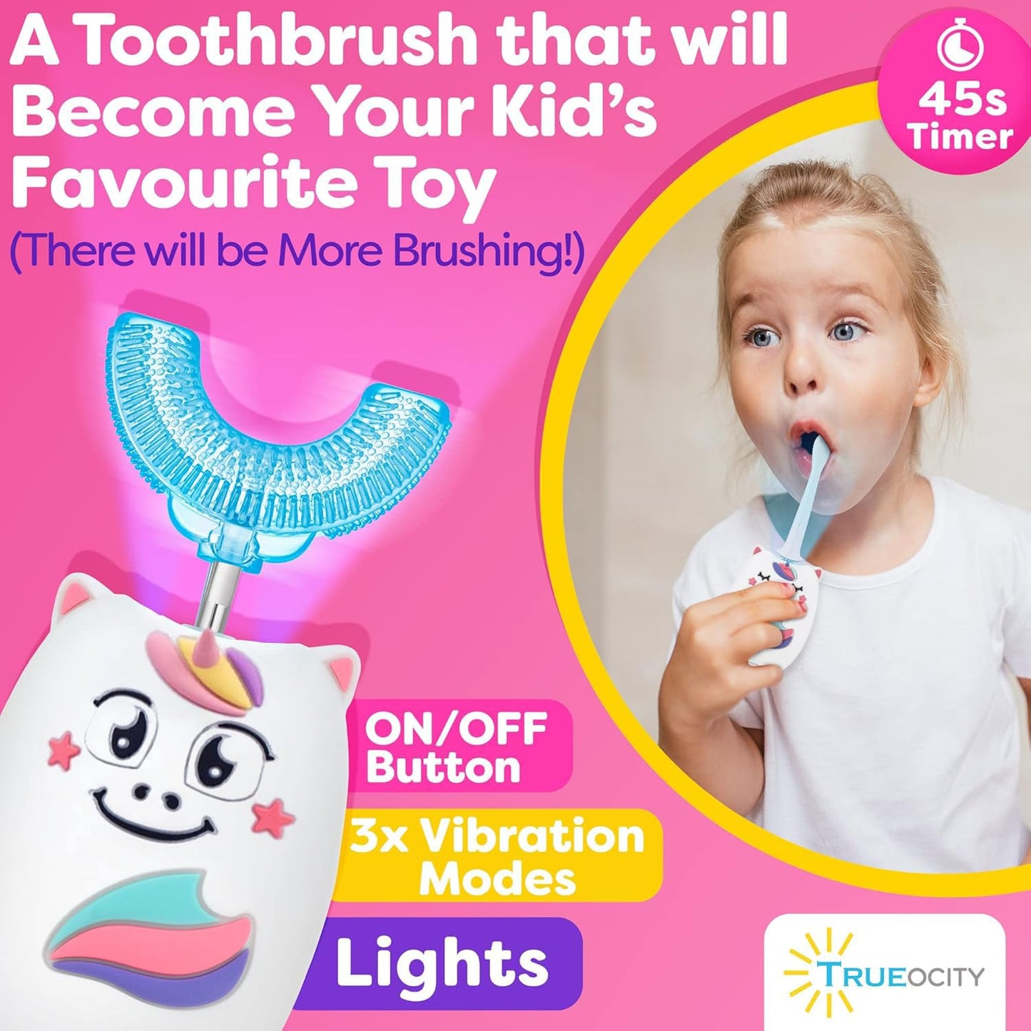 Trueocity Kids U-Shape Auto Electric Toothbrush – 360° Silicone Head, Unicorn Pink (Ages 2–7)