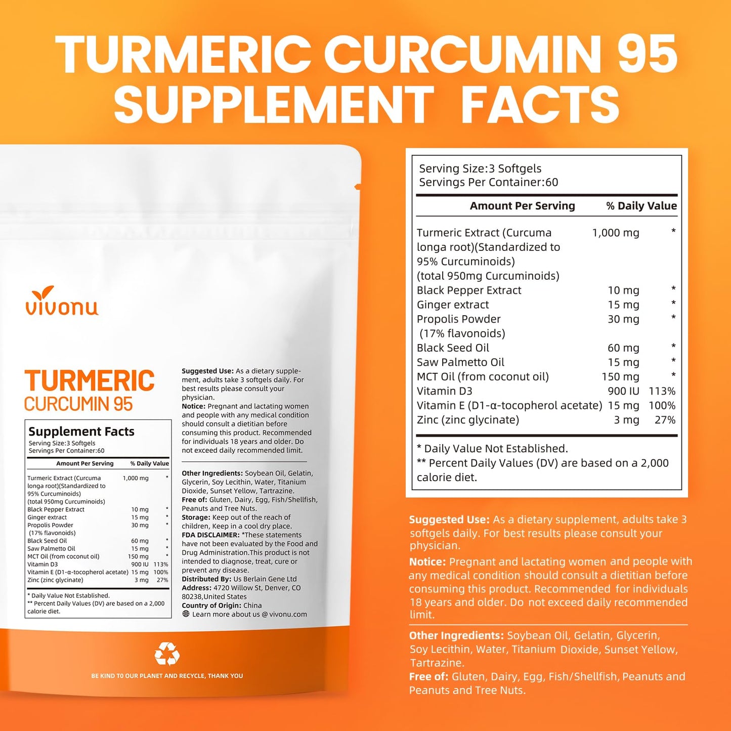 10-in-1 Turmeric Curcumin Softgels 1000mg with MCT Oil, Black Pepper & 60-Day Supply | VivoNu