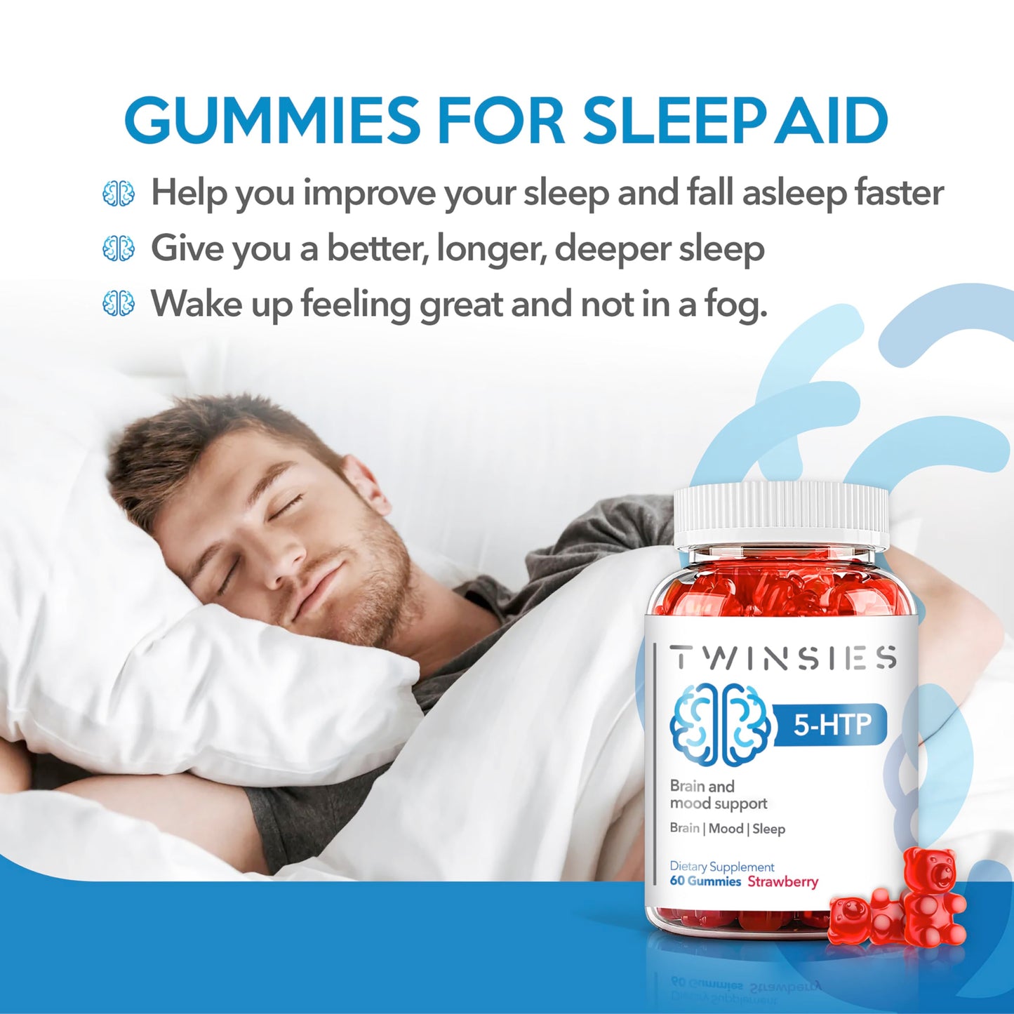 Twinsies 5-HTP Calm Gummies 200mg – Sleep, Mood & Brain Health Support (Gluten-Free & Non-GMO) | Strawberry Flavor