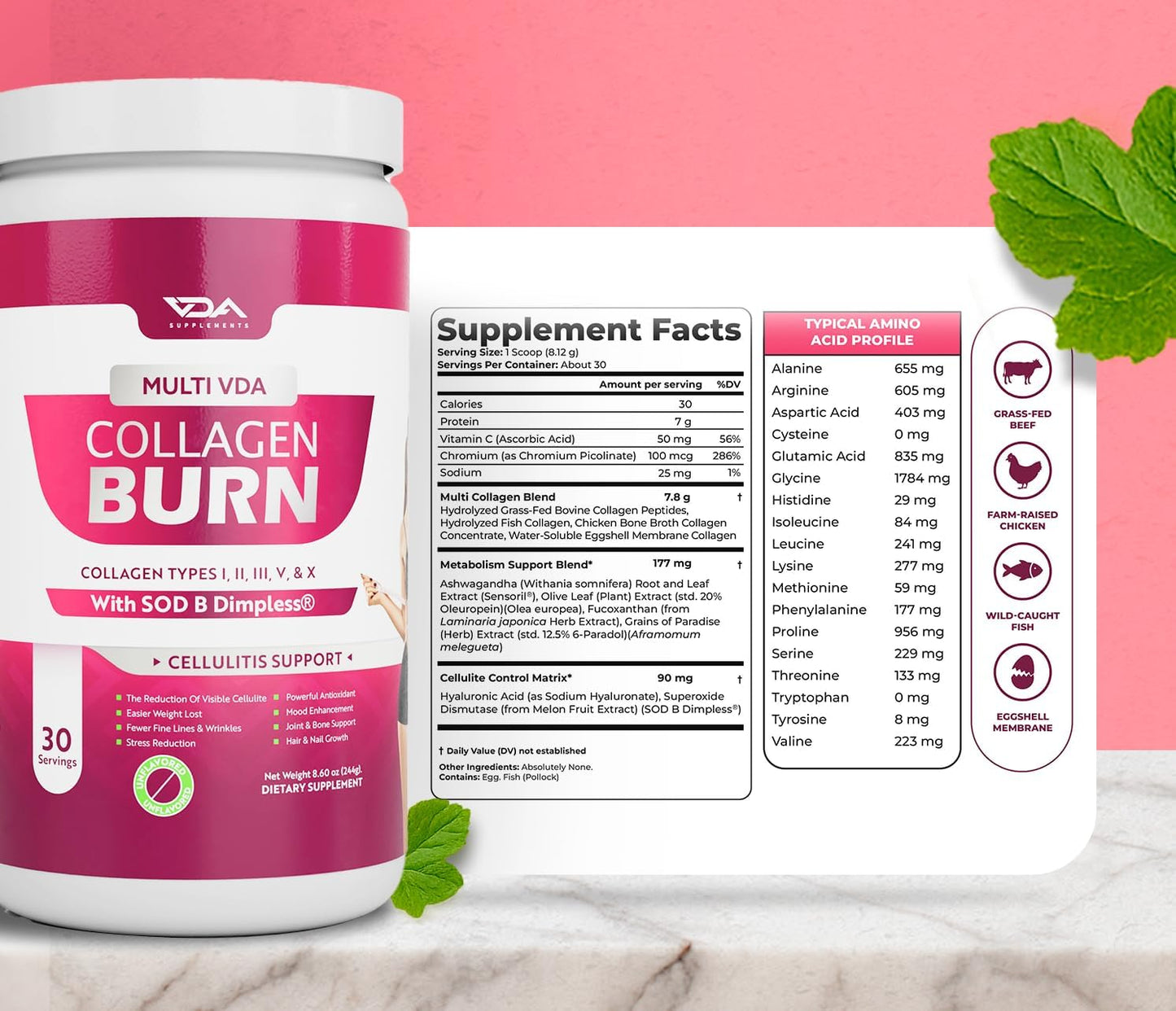 VDA Collagen Burn – Flavorless Hydrolyzed Collagen with Peptides (30 Servings)