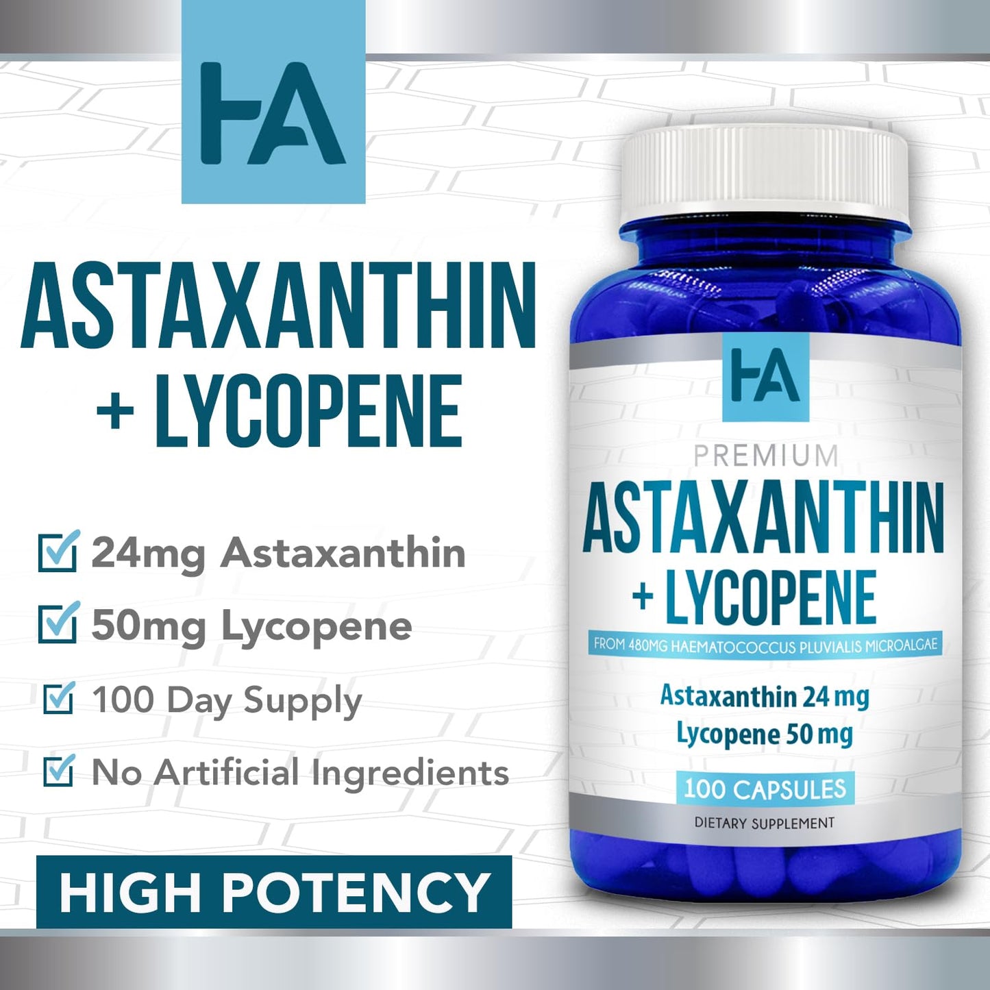 Astaxanthin & Lycopene Supplement – 50mg Lycopene, 24mg Astaxanthin | Vegan, Non-GMO (100 Veggie Capsules)