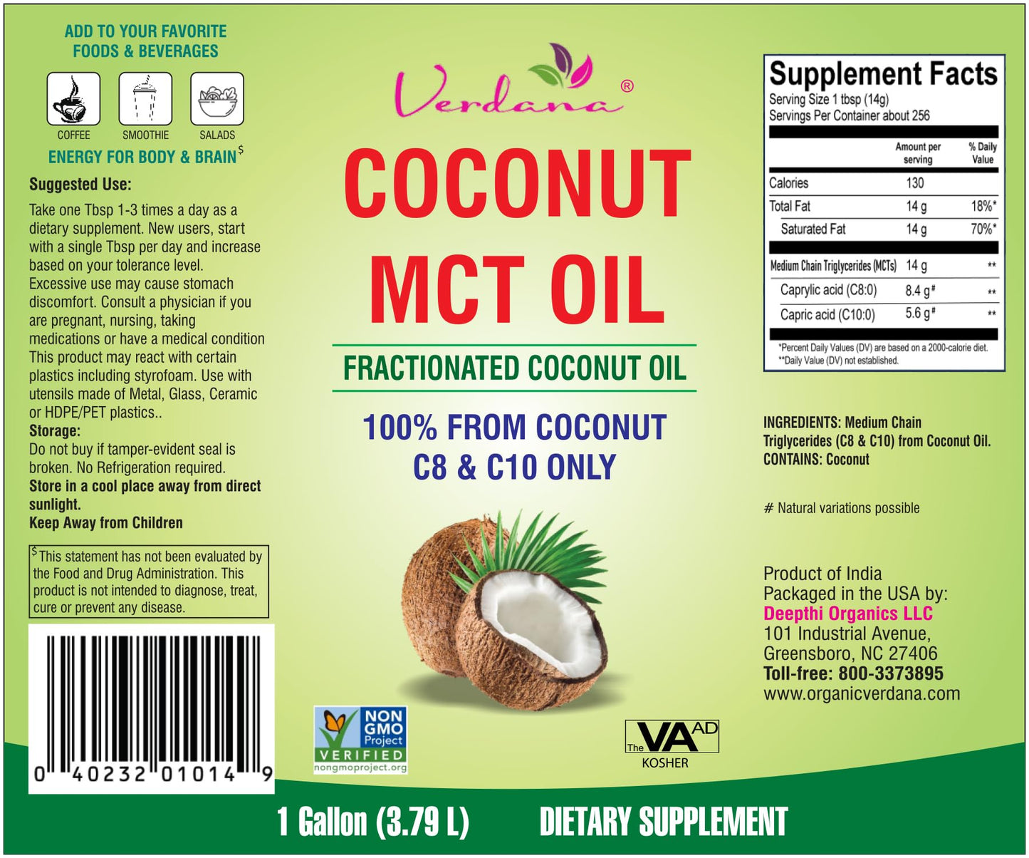Verdana MCT Oil – 100% Coconut-Derived, 1 Gal | Kosher, Vegan, Non-GMO