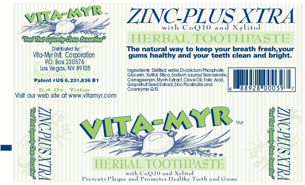 3 Pack VITA-MYR Zinc Plus Xtra Toothpaste 5.4 oz – No Sugar, No Fluoride