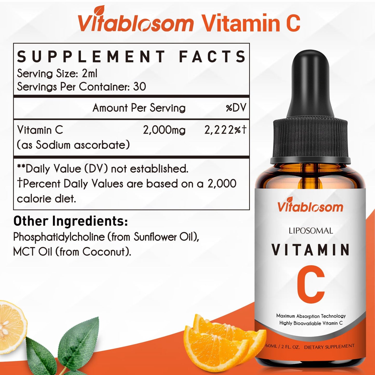Vitablosom Liposomal Vitamin C 2000mg Liquid – 4 Bottle Pack (60ml Each) for Immune & Antioxidant Support