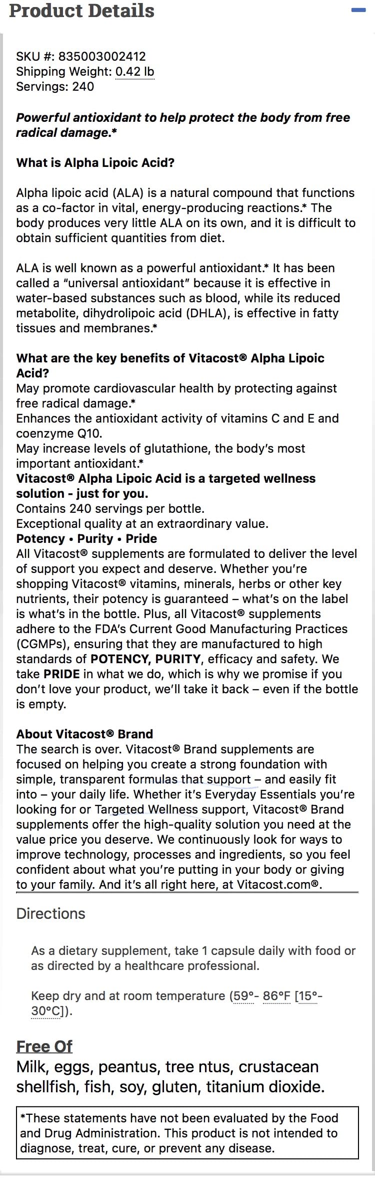 Vitacost Alpha Lipoic Acid 300 mg - 240 Capsules