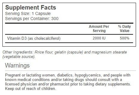 Vitacost Vitamin D3 (Cholecalciferol) 2000 IU – 300 Capsules