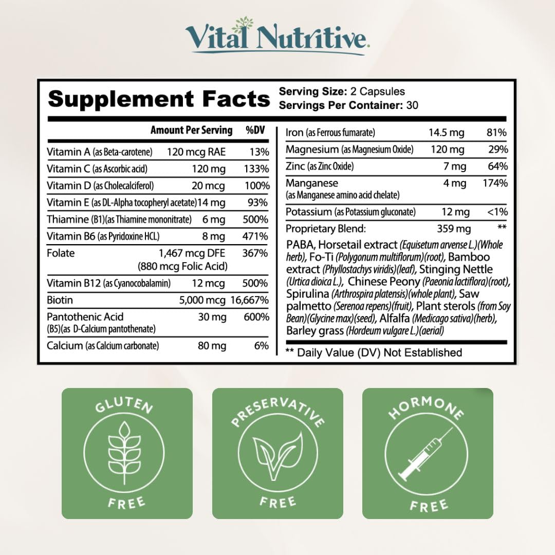 VITAL NUTRITIVE Vital Hair Complex – Biotin & Vitamin B Hair Vitamins for Women & Men (Hormone-Free, Gluten-Free)