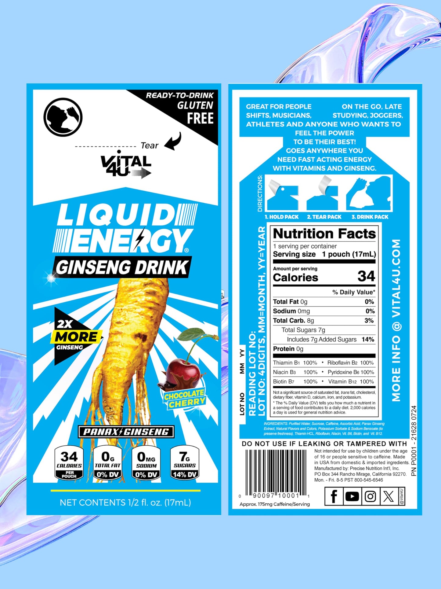 VITAL 4U® Liquid Energy Shot - Ginseng, Naturally Sweetened, Chocolate Cherry Flavor, 24 ct