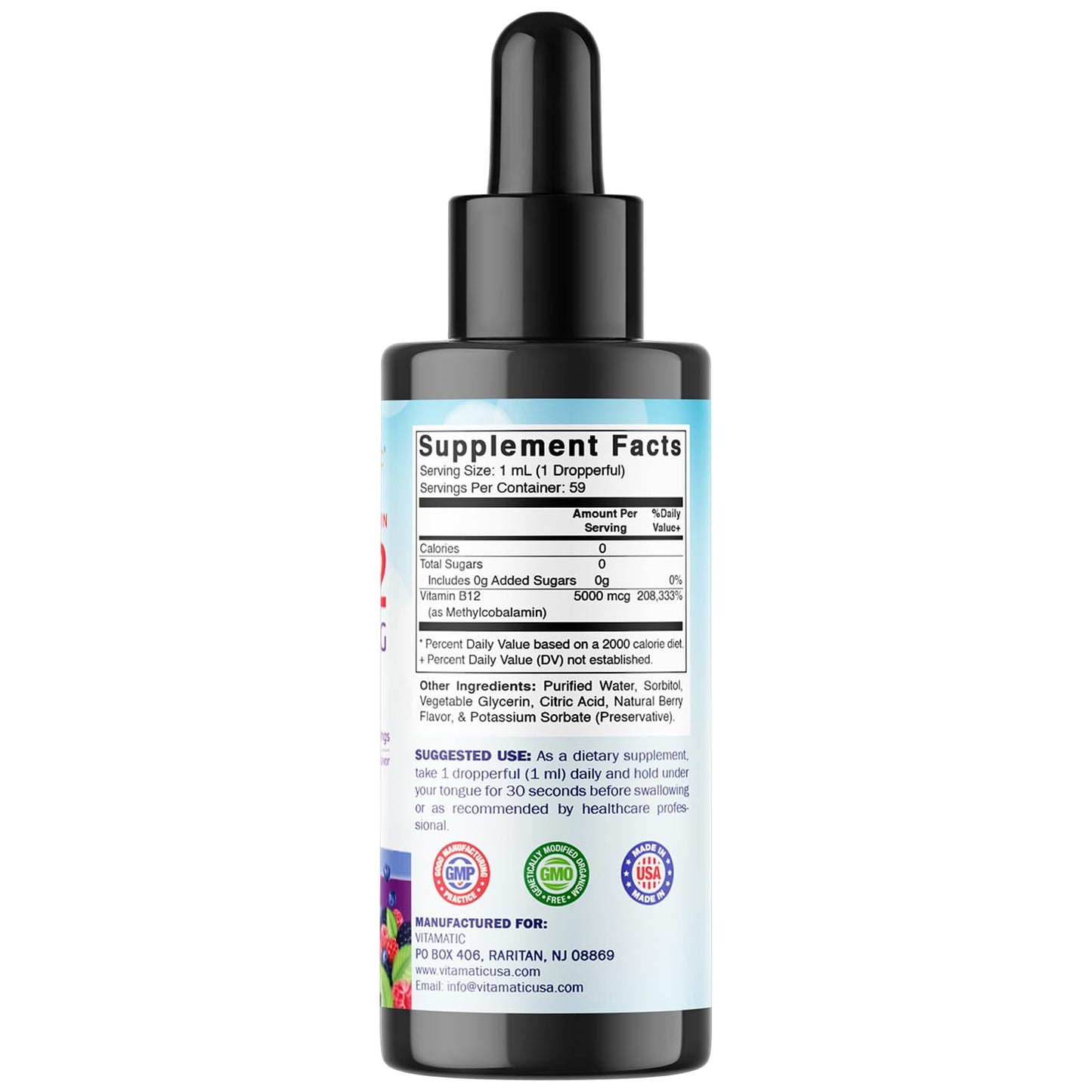 Vitamatic Liquid Vitamin B12 5000 mcg – Berry Flavor – Sublingual 2 fl oz