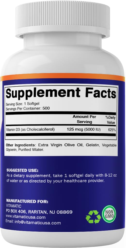 Vitamatic Vitamin D3 5000 IU (125 mcg) – 500 Softgels Olive Oil-Based Formula