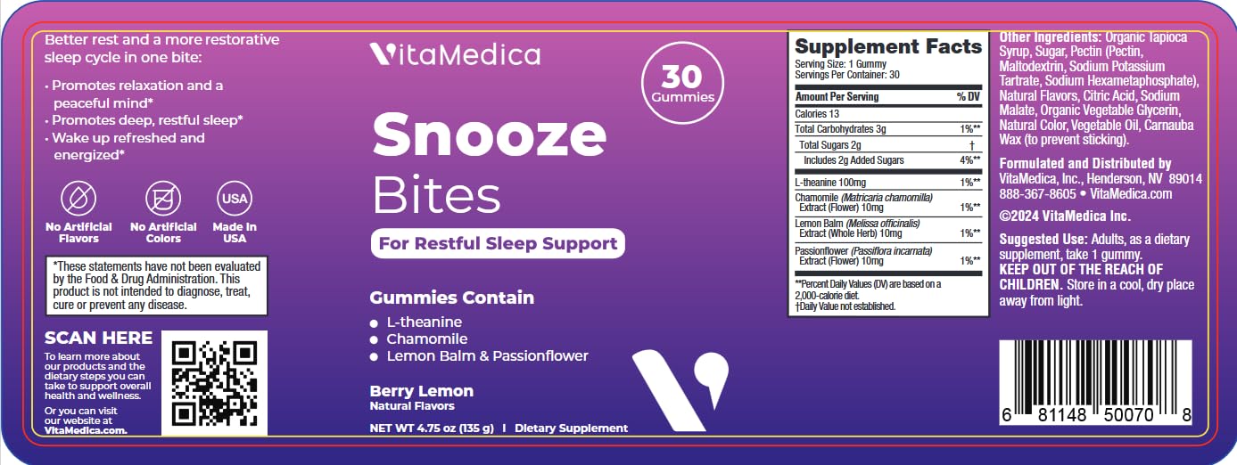 VitaMedica Snooze Sleep Gummies - Melatonin-Free, Zero Grogginess, L-Theanine, Chamomile, Passionflower & Lemon Balm - 30 Count
