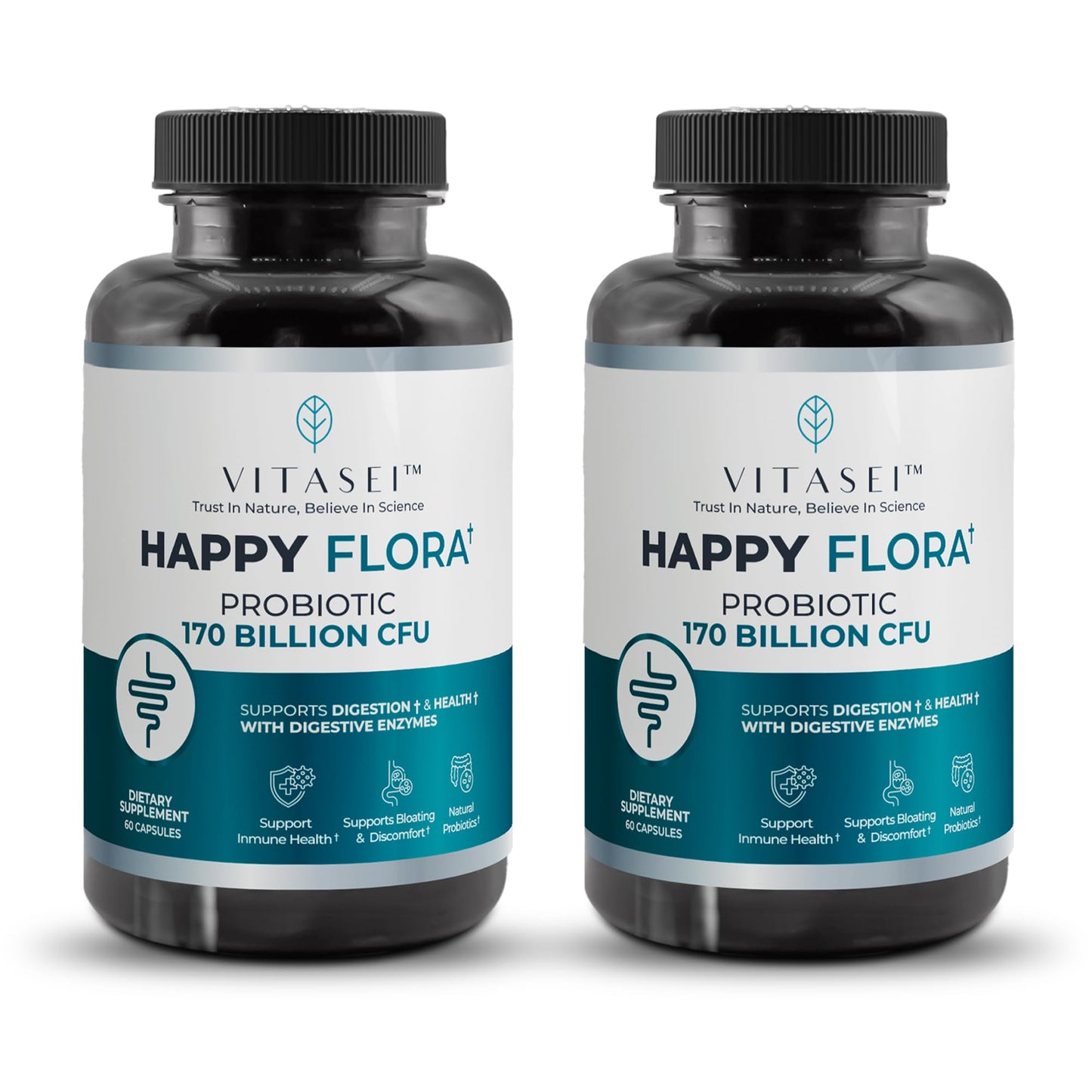 VITASEI Happy Flora Probiotic 170 Billion CFU – Digestion Enzymes, 2x120 Capsules