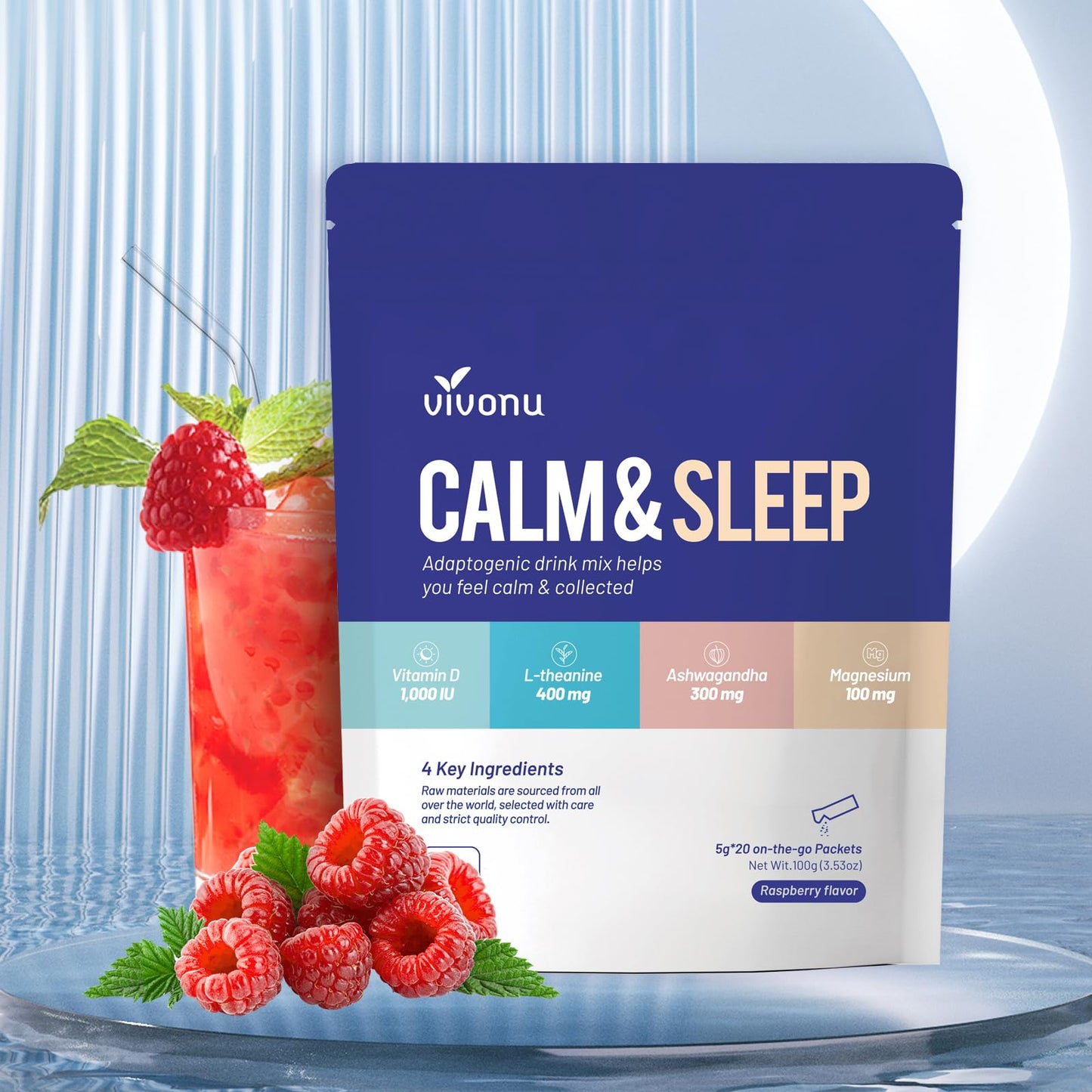 VivoNu Calm & Sleep Raspberry Drink Mix | L-Theanine, KSM-66 Ashwagandha, Magnesium Glycinate, Vitamin D3