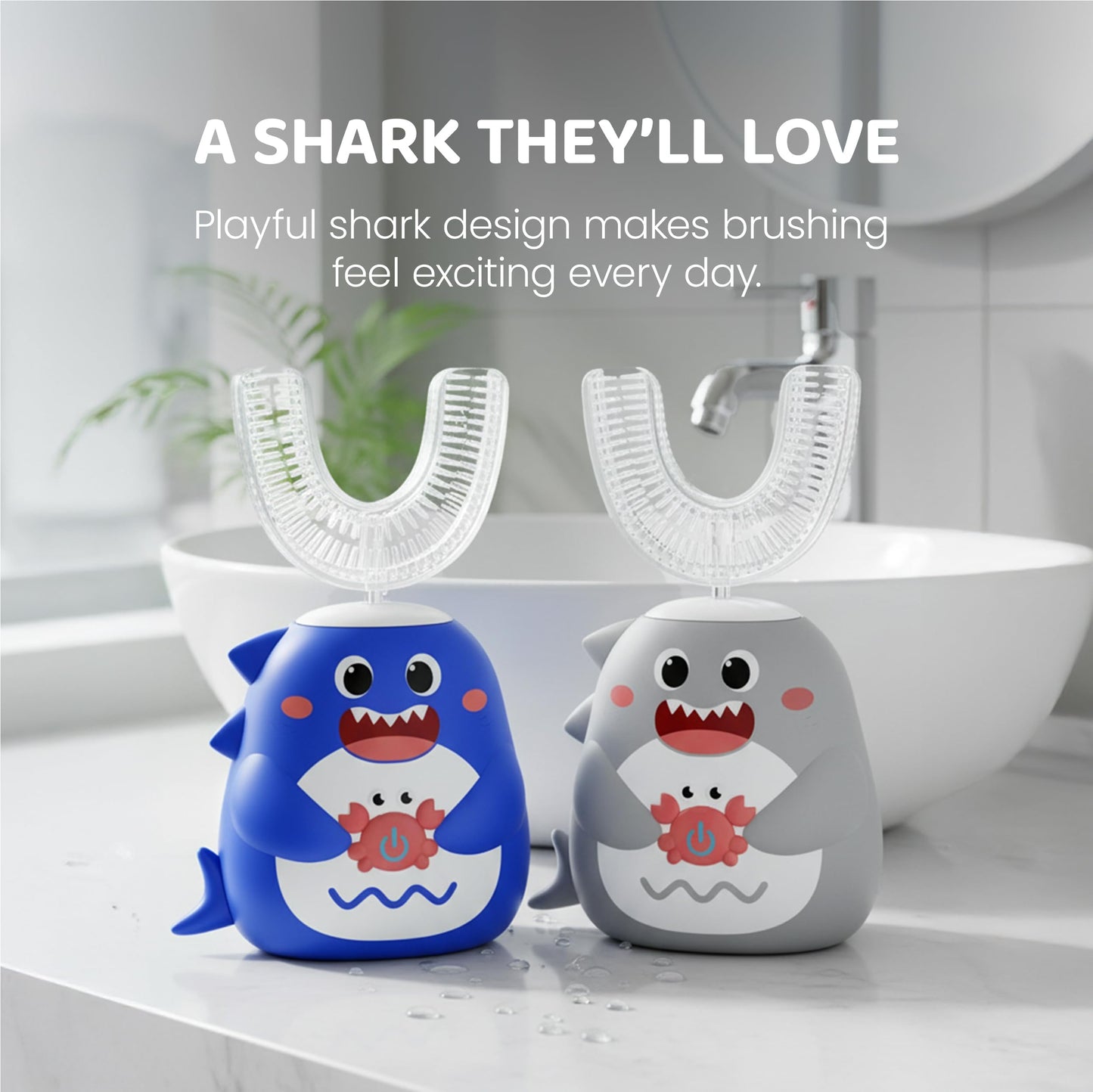 Well Before Ultrasonic Kid's U-Shaped Toothbrush – IPX7 Waterproof, 5 Cleaning Modes (Shark Blue, Ages 2-7)